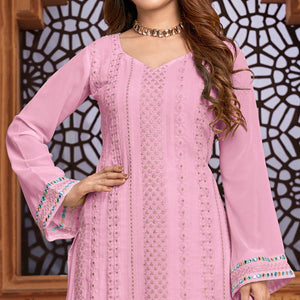 Pink Partywear Designer Embroidered Heavy Faux Georgette Palazzo Suit - Peachmode