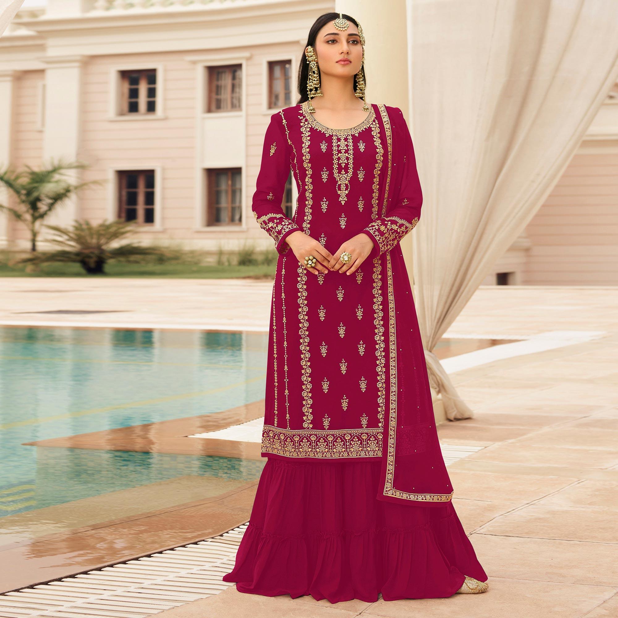 Pink Partywear Designer Embroidered With Sequence Georgette Palazzo Suit - Peachmode