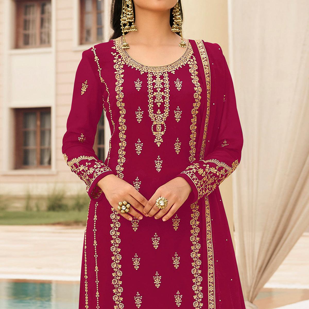 Pink Partywear Designer Embroidered With Sequence Georgette Palazzo Suit - Peachmode