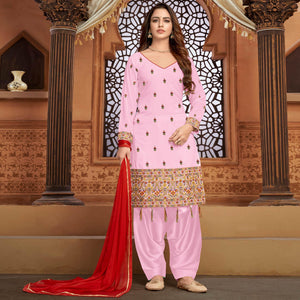 Pink Partywear Designer Floral Embroidered Faux Georgette Patiyala Suit - Peachmode