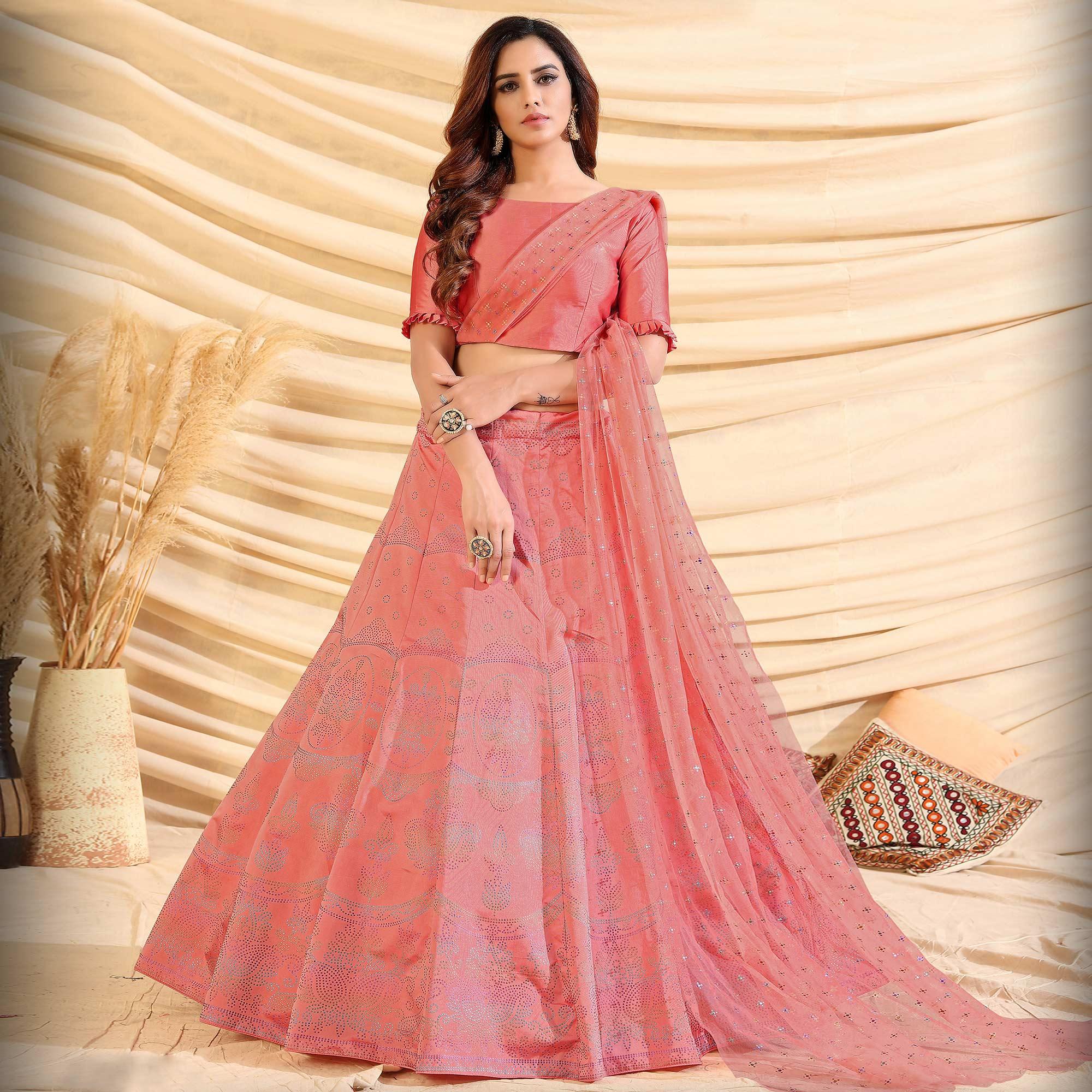 Pink Partywear Designer Pigment Foil Printed Tafetta Silk Lehenga Choli - Peachmode