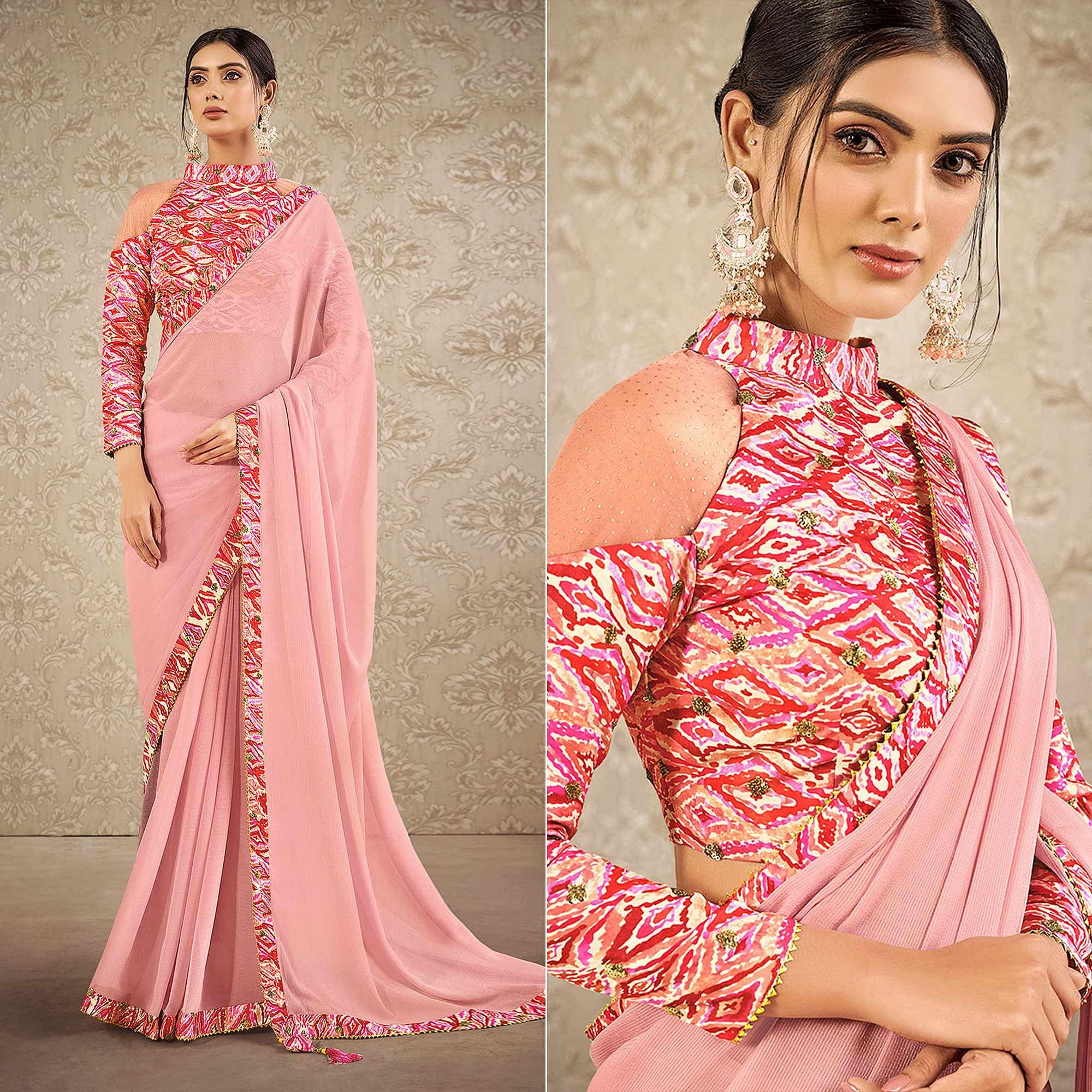 Pink Partywear Digital Border Printed Chiffon Saree - Peachmode