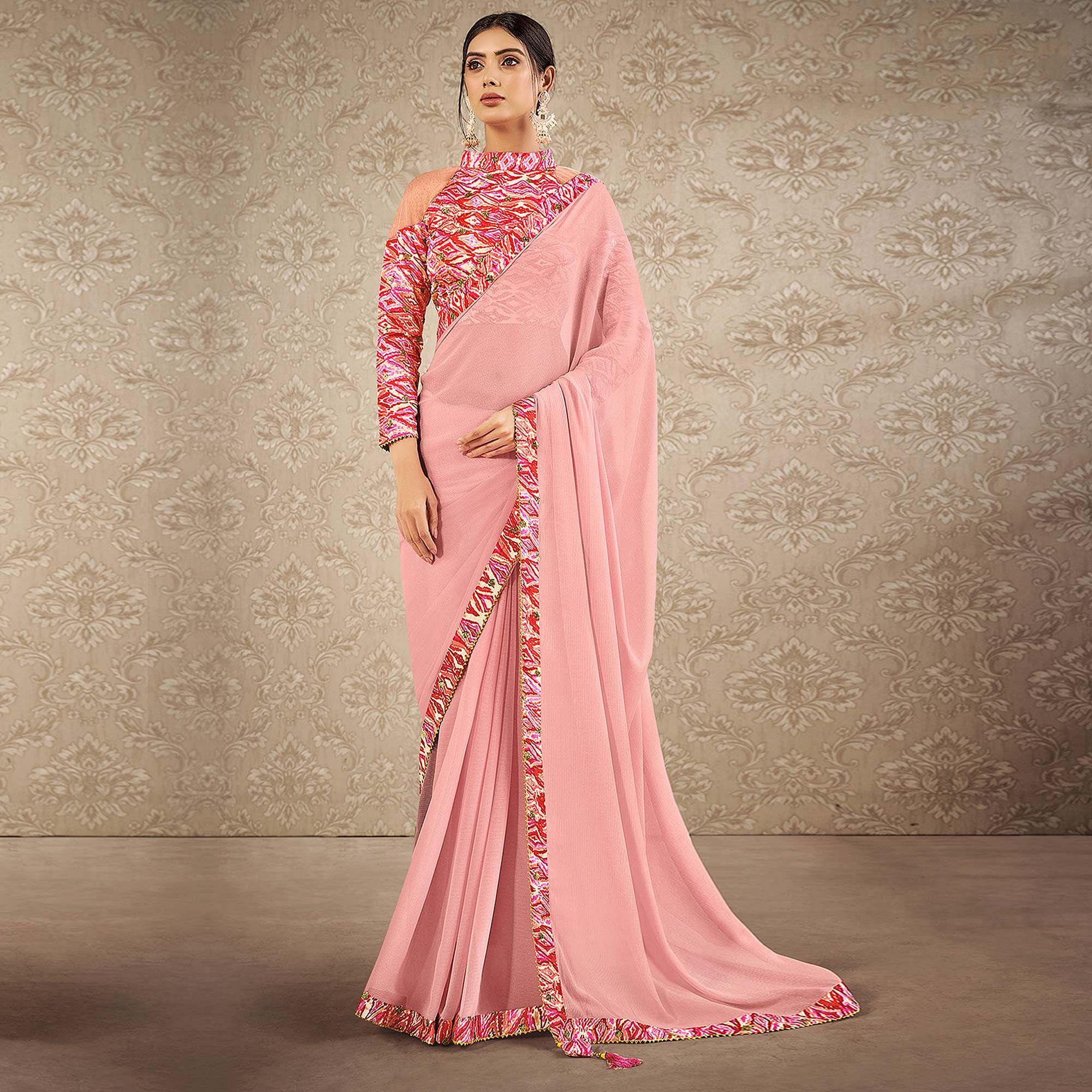 Pink Partywear Digital Border Printed Chiffon Saree - Peachmode