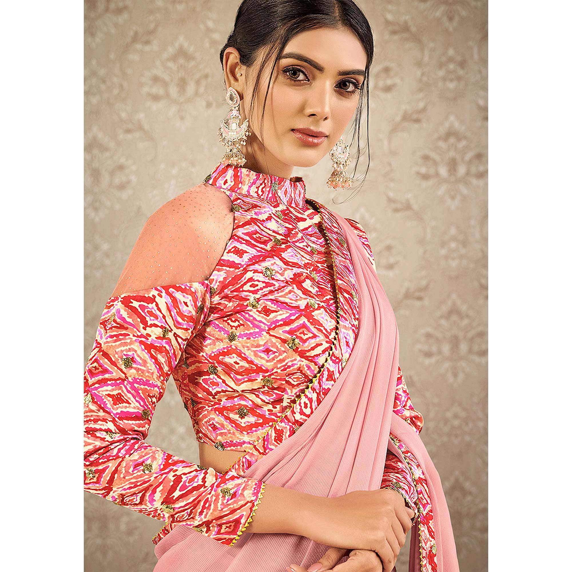 Pink Partywear Digital Border Printed Chiffon Saree - Peachmode