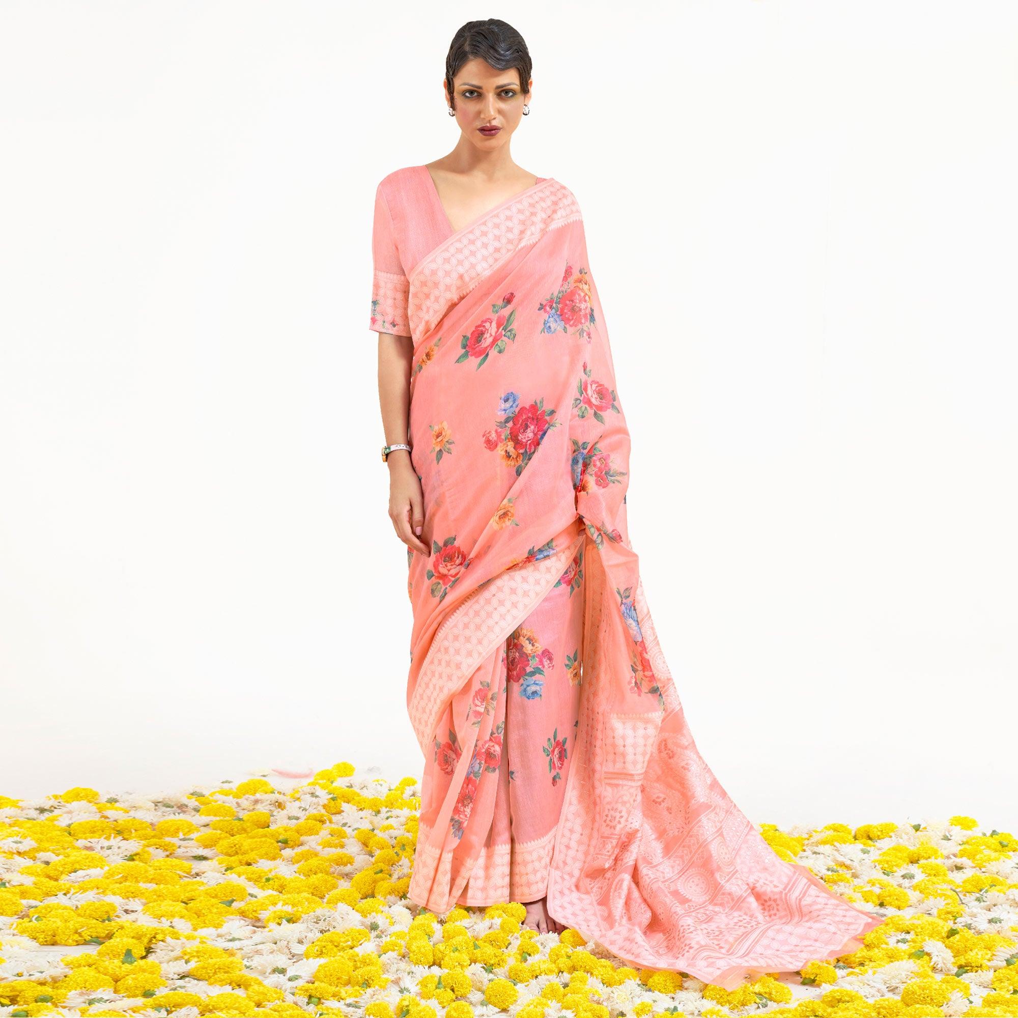 Pink Partywear Digital Printed Chanderi Saree - Peachmode