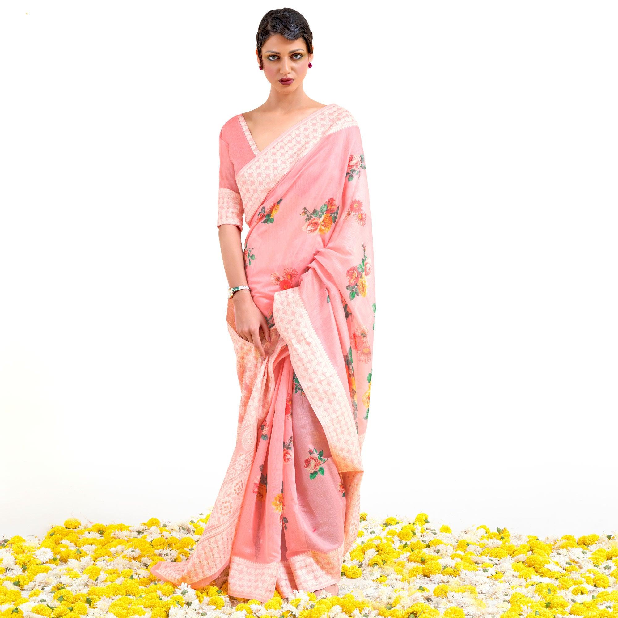 Pink Partywear Digital Printed Chanderi Saree - Peachmode