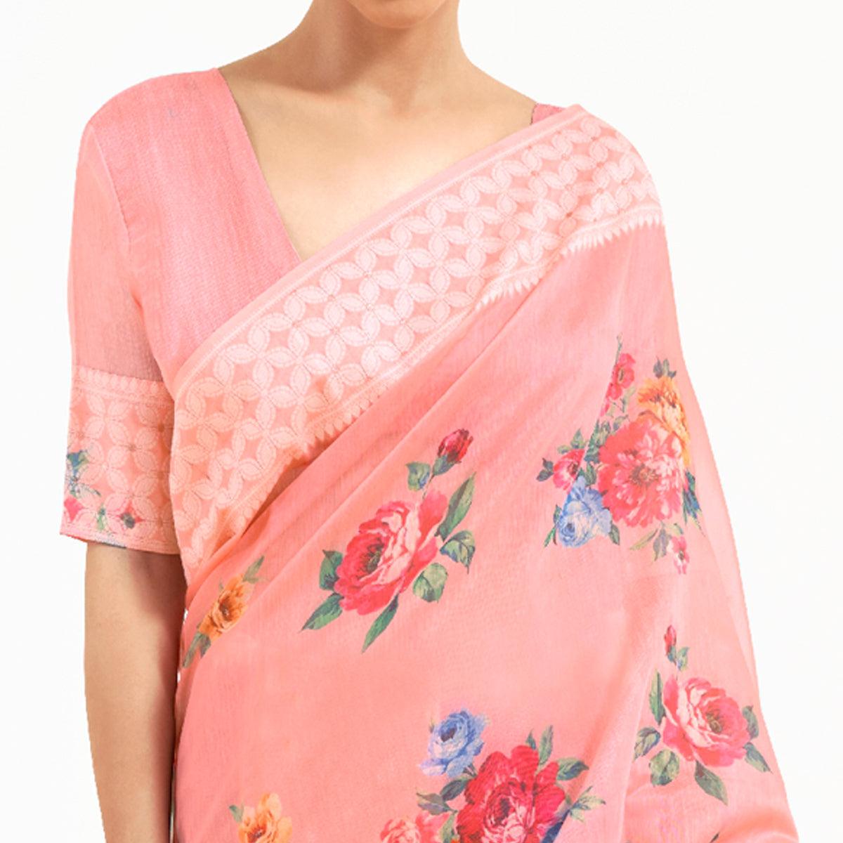 Pink Partywear Digital Printed Chanderi Saree - Peachmode