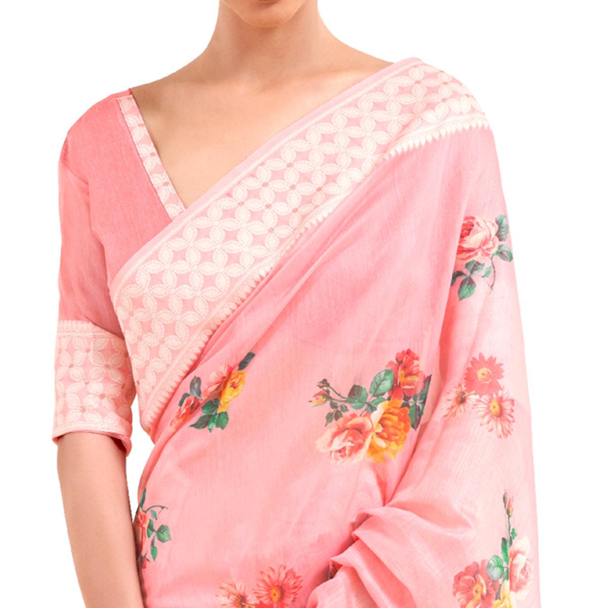 Pink Partywear Digital Printed Chanderi Saree - Peachmode