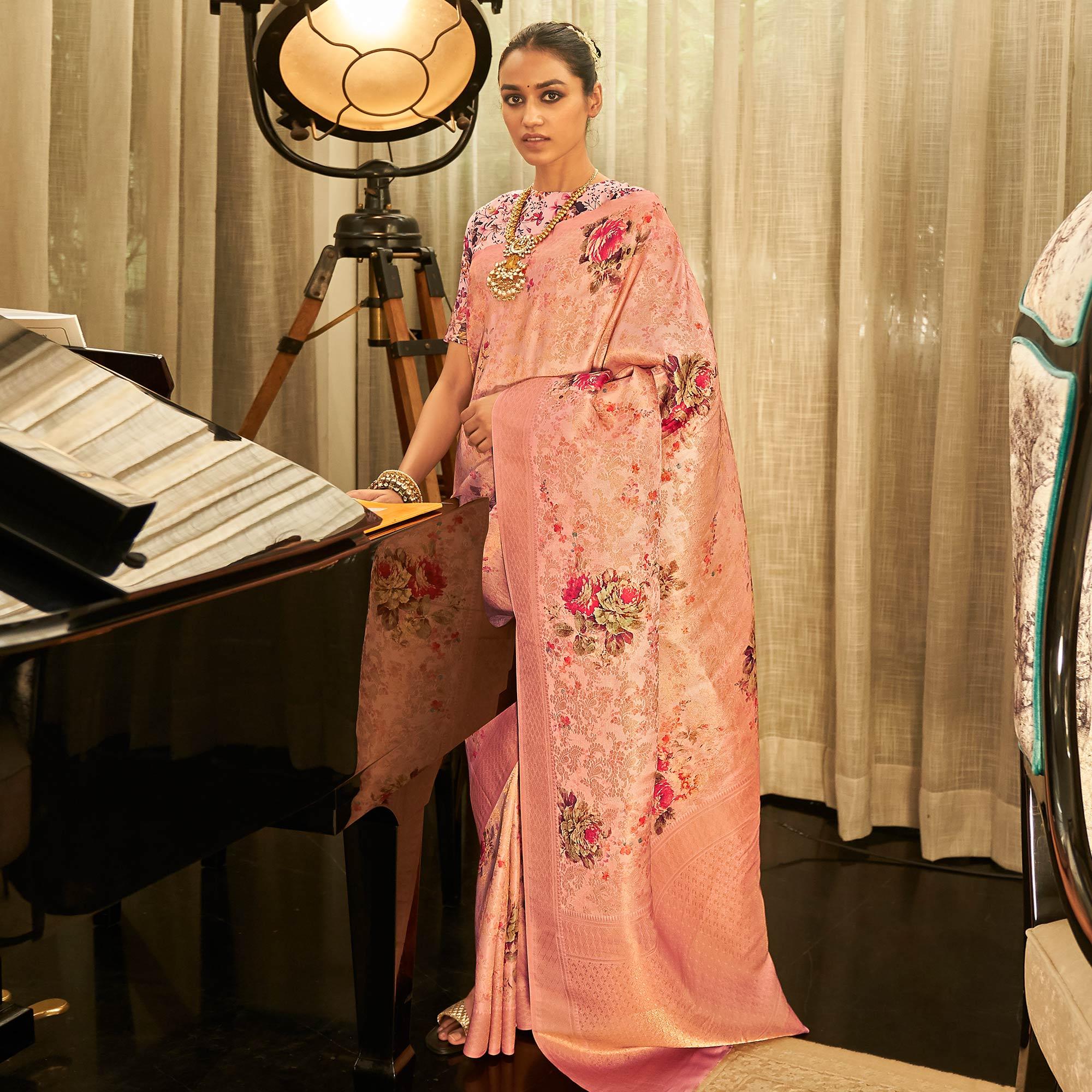 Pink Partywear Digital Printed Silk Saree - Peachmode