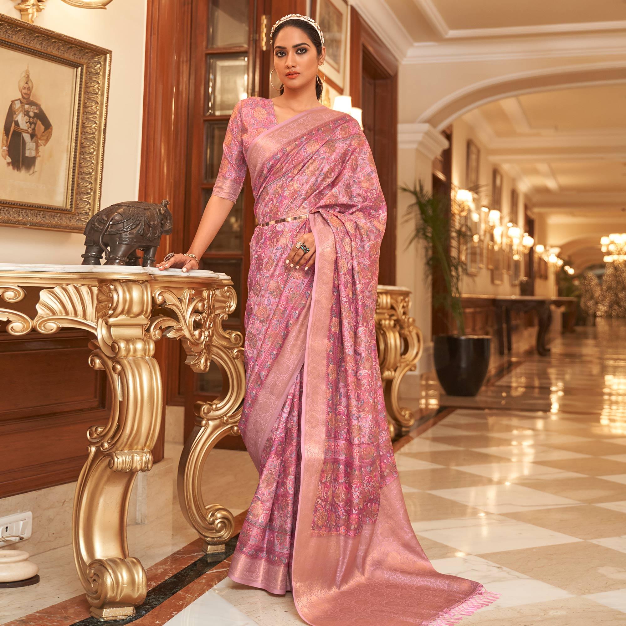 Pink Partywear Digital Printed Silk Saree - Peachmode