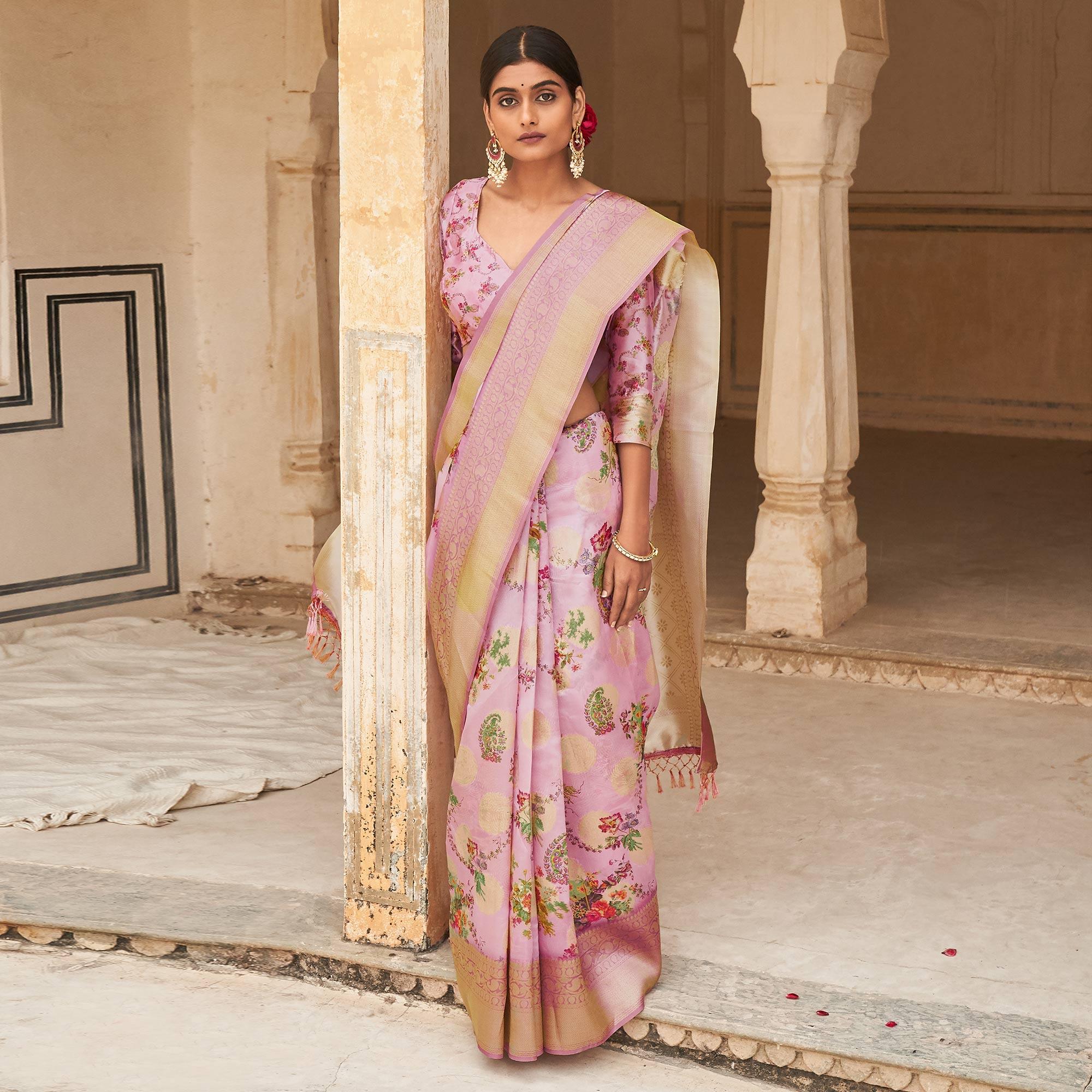 Pink Partywear Digital Printed Silk Saree - Peachmode