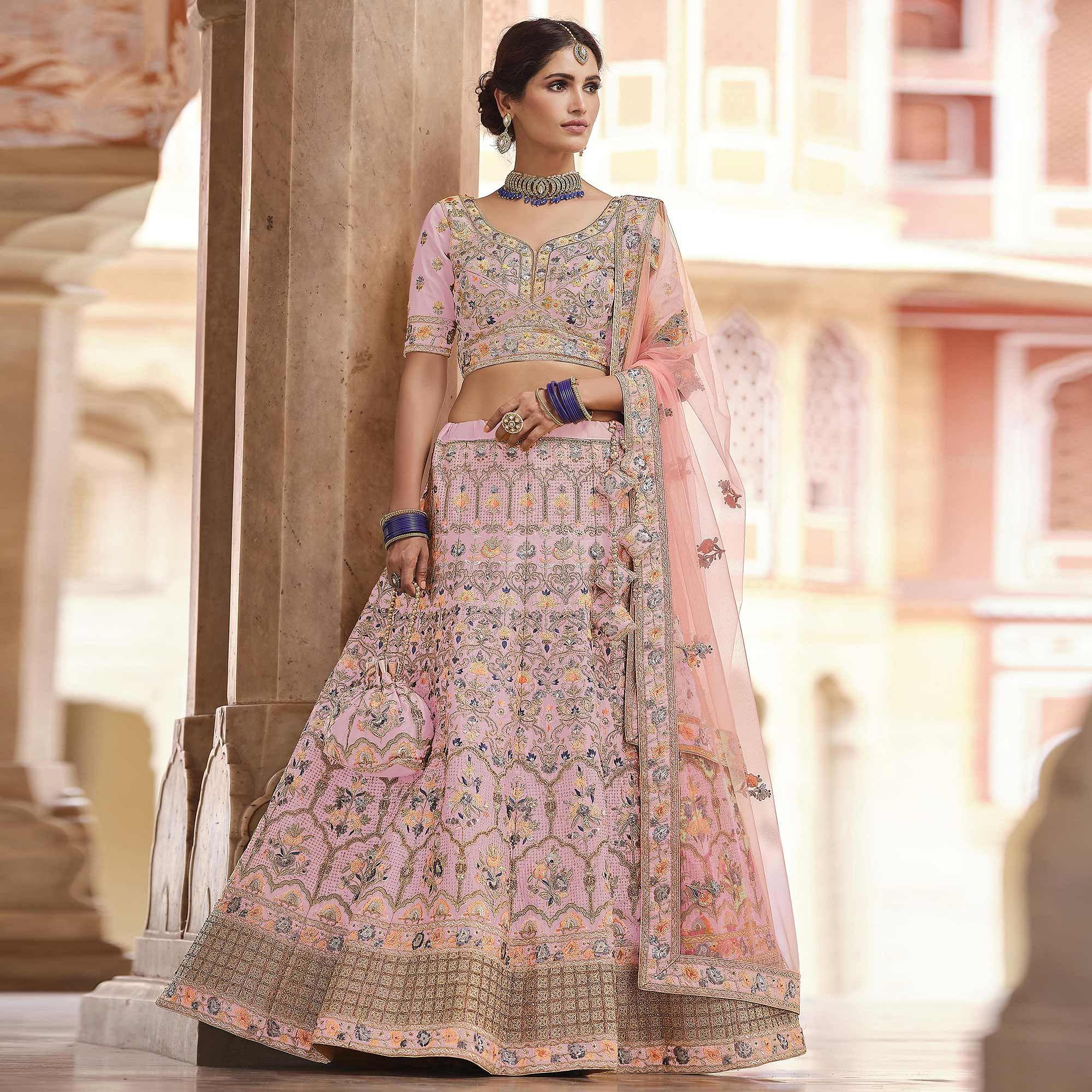 Pink Partywear Embellished & Sequence Art Silk Lehenga Choli - Peachmode