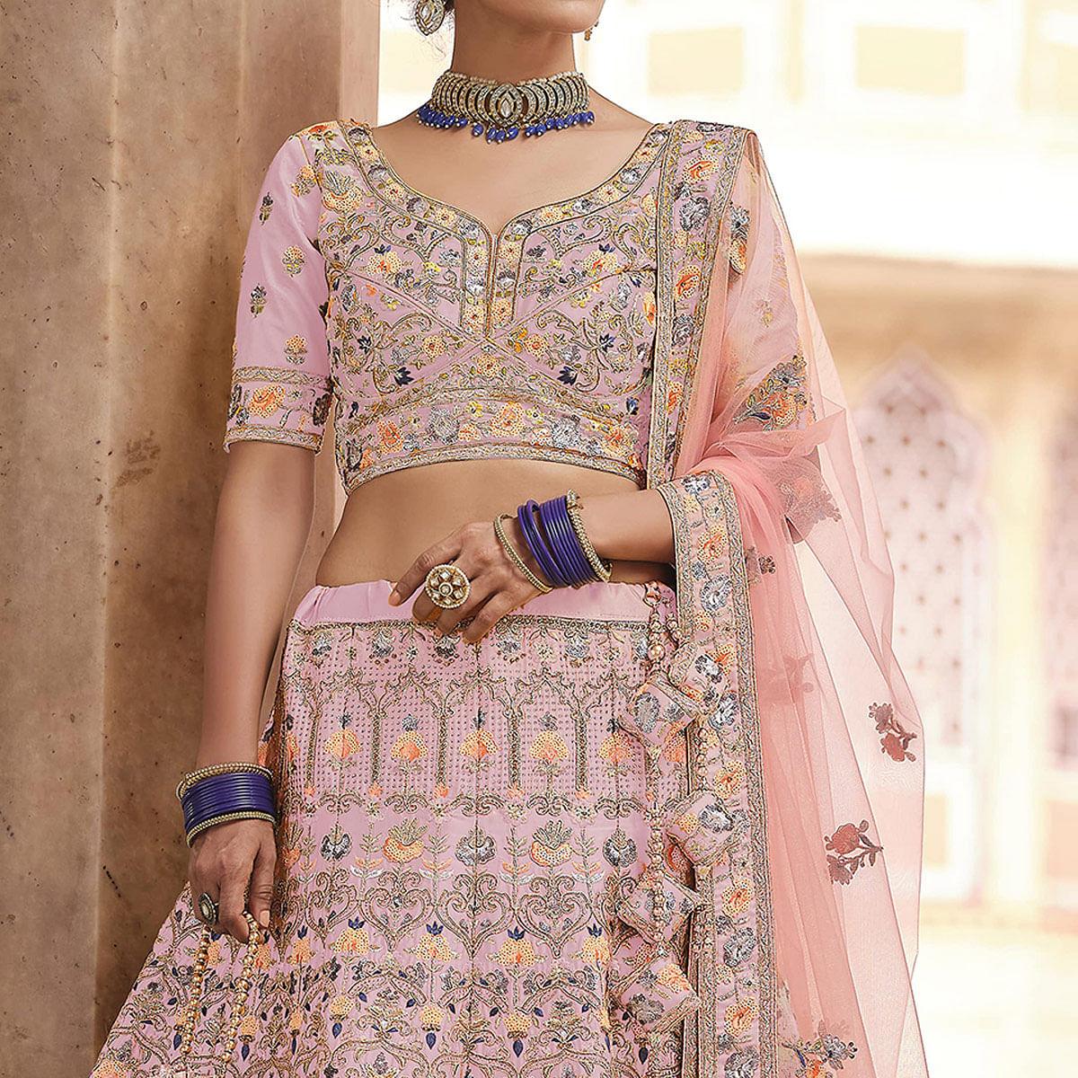 Pink Partywear Embellished & Sequence Art Silk Lehenga Choli - Peachmode