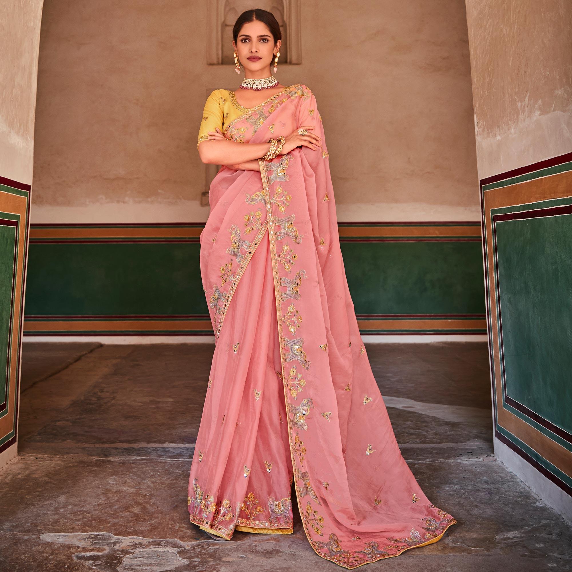 Pink Partywear Embellished & Zari Organza Saree - Peachmode