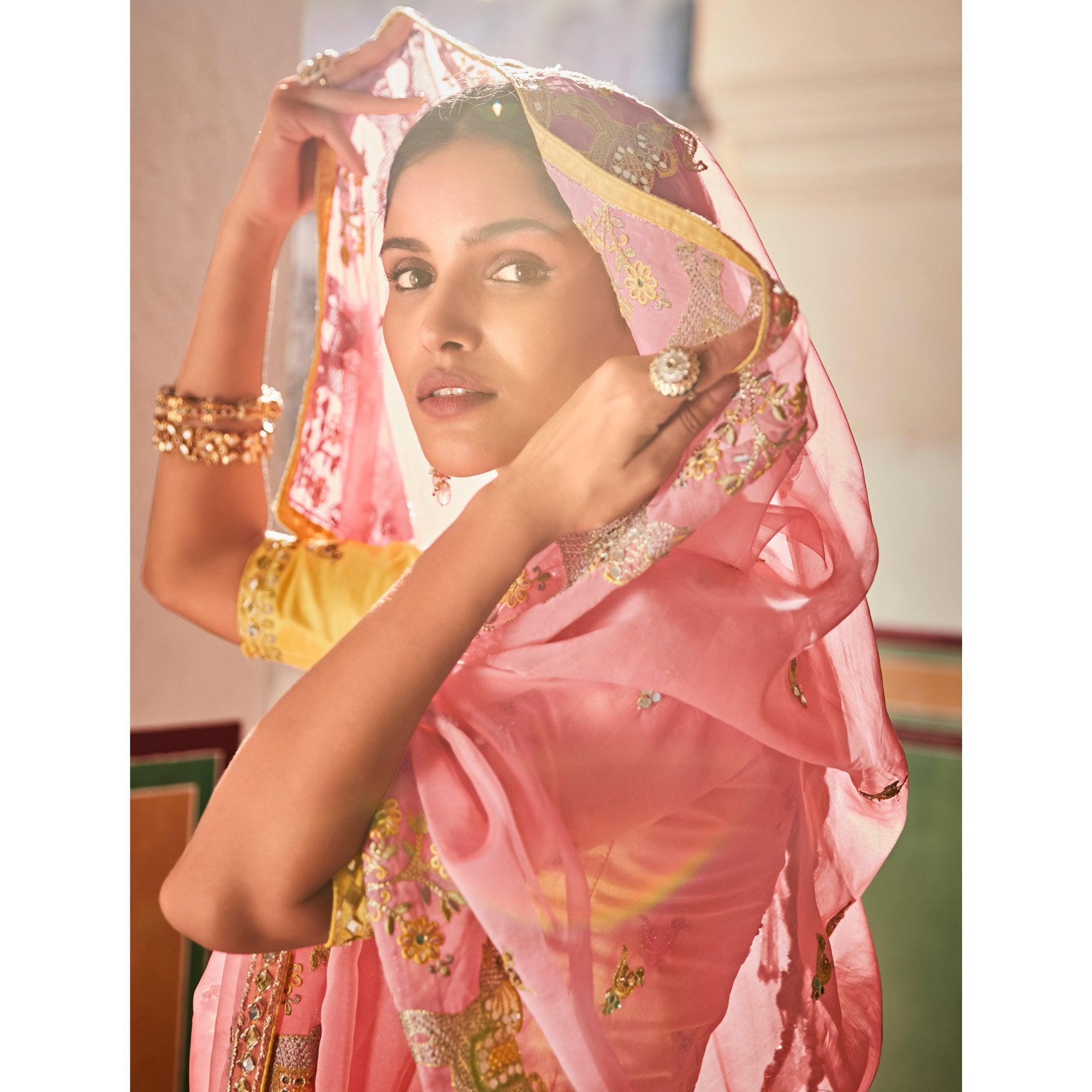 Pink Partywear Embellished & Zari Organza Saree - Peachmode