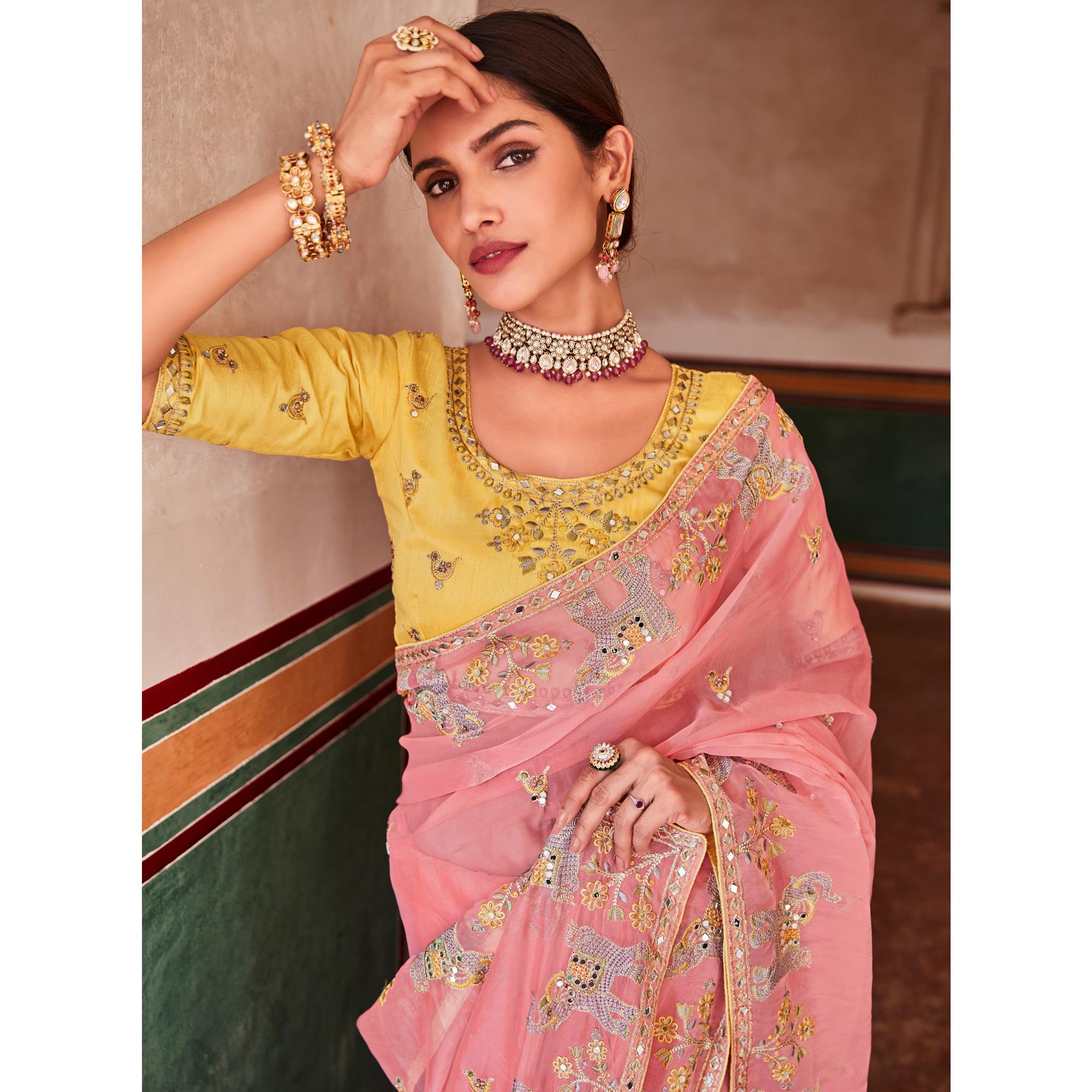 Pink Partywear Embellished & Zari Organza Saree - Peachmode