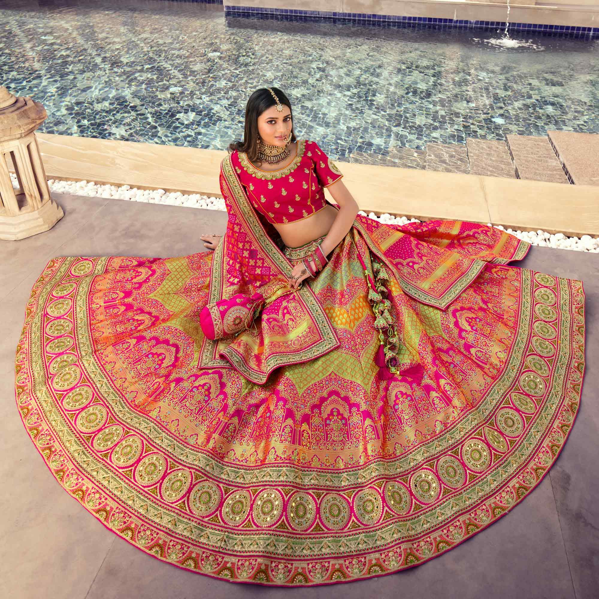 Pink Partywear Embellished Embroiderd Banarasi Silk Lehenga - Peachmode