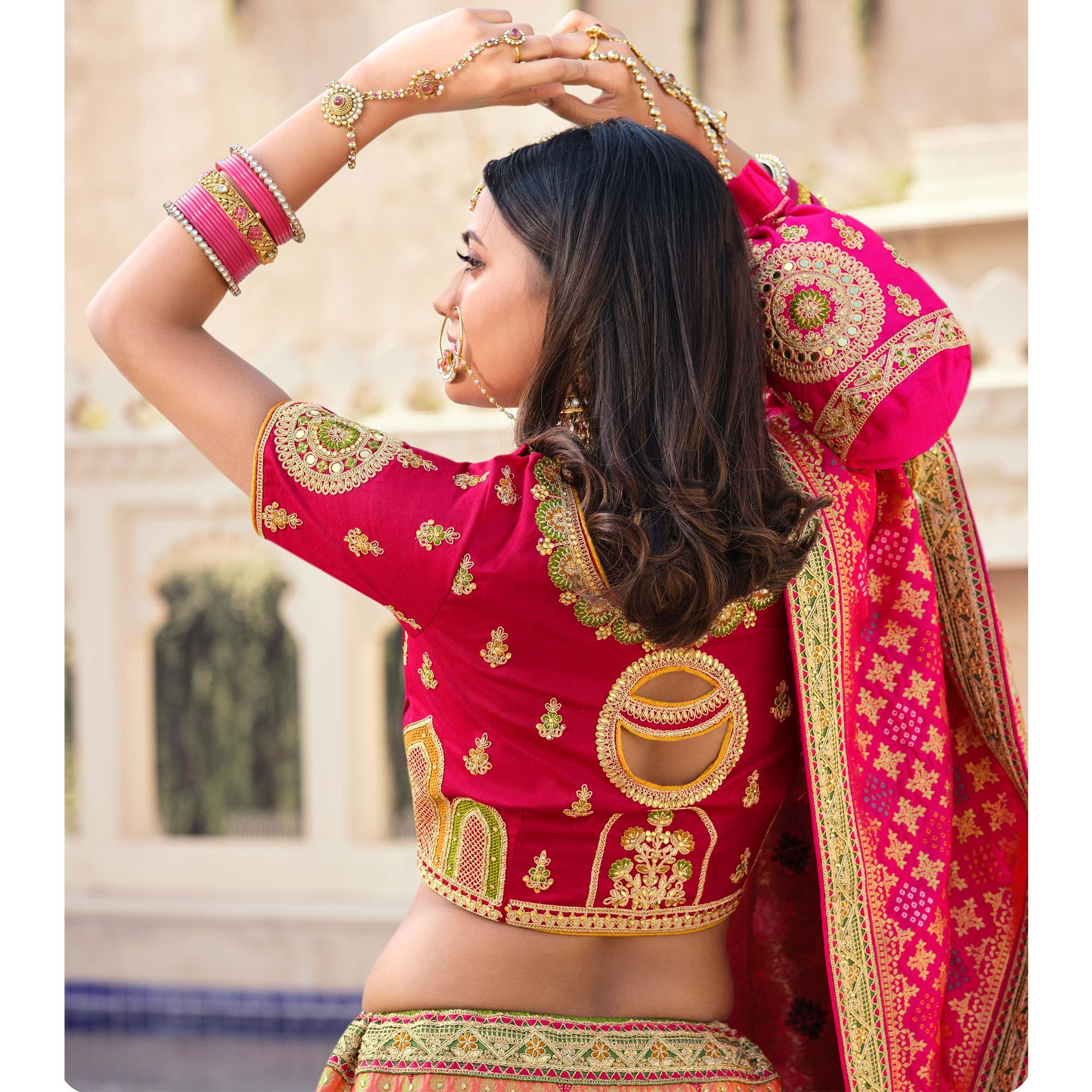 Pink Partywear Embellished Embroiderd Banarasi Silk Lehenga - Peachmode