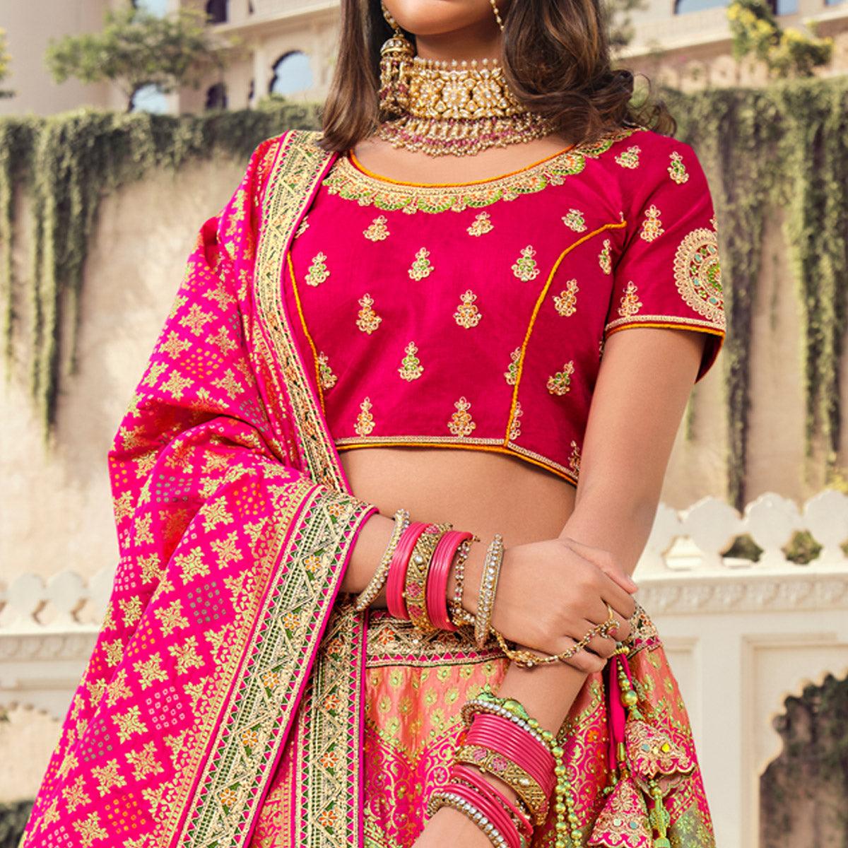 Pink Partywear Embellished Embroiderd Banarasi Silk Lehenga - Peachmode