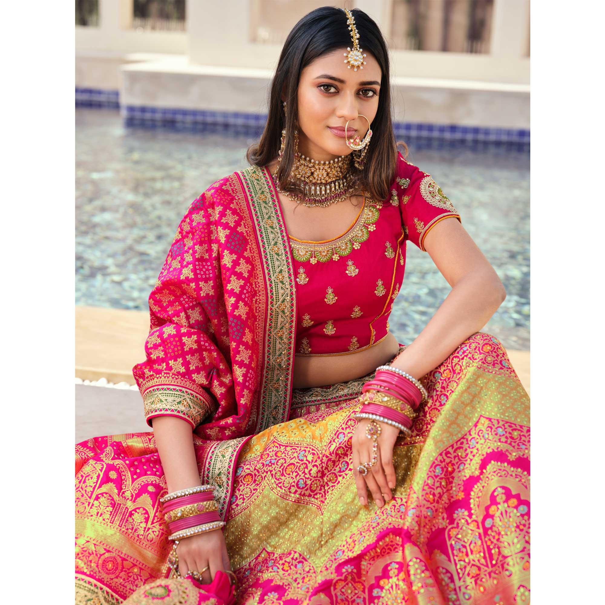 Pink Partywear Embellished Embroiderd Banarasi Silk Lehenga - Peachmode