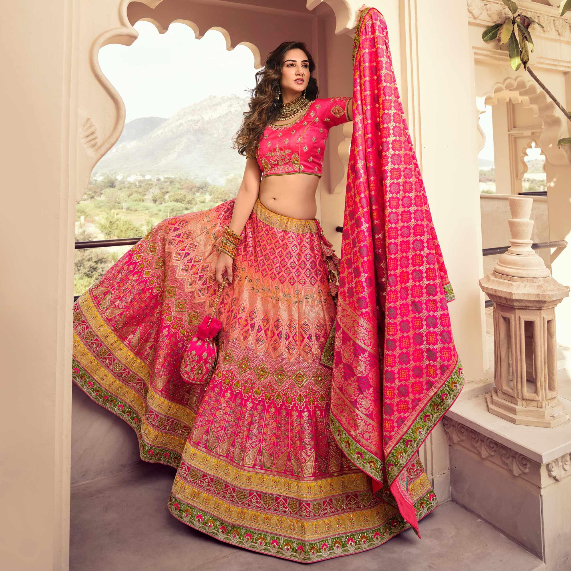 Pink Partywear Embellished Embroidered Banarasi Silk Lehenga - Peachmode