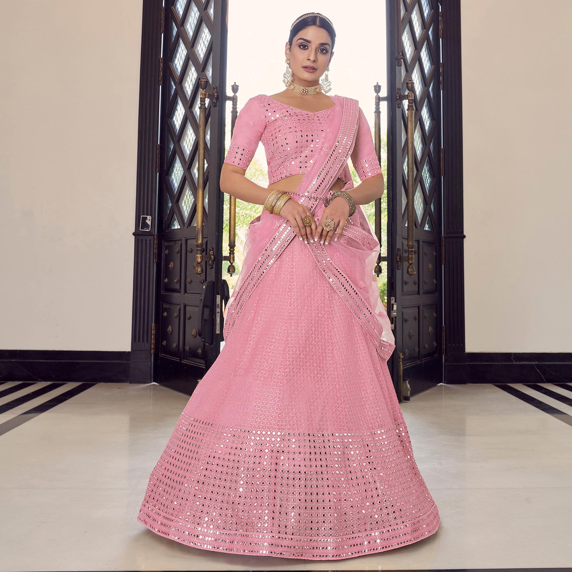 Pink Partywear Embellished Georgette Lehenga Choli - Peachmode