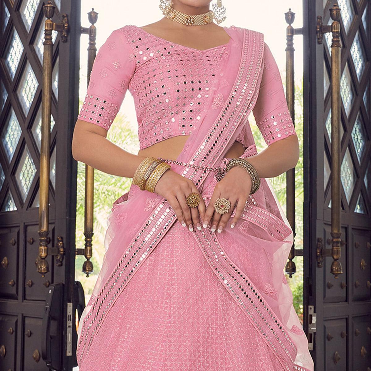 Pink Partywear Embellished Georgette Lehenga Choli - Peachmode