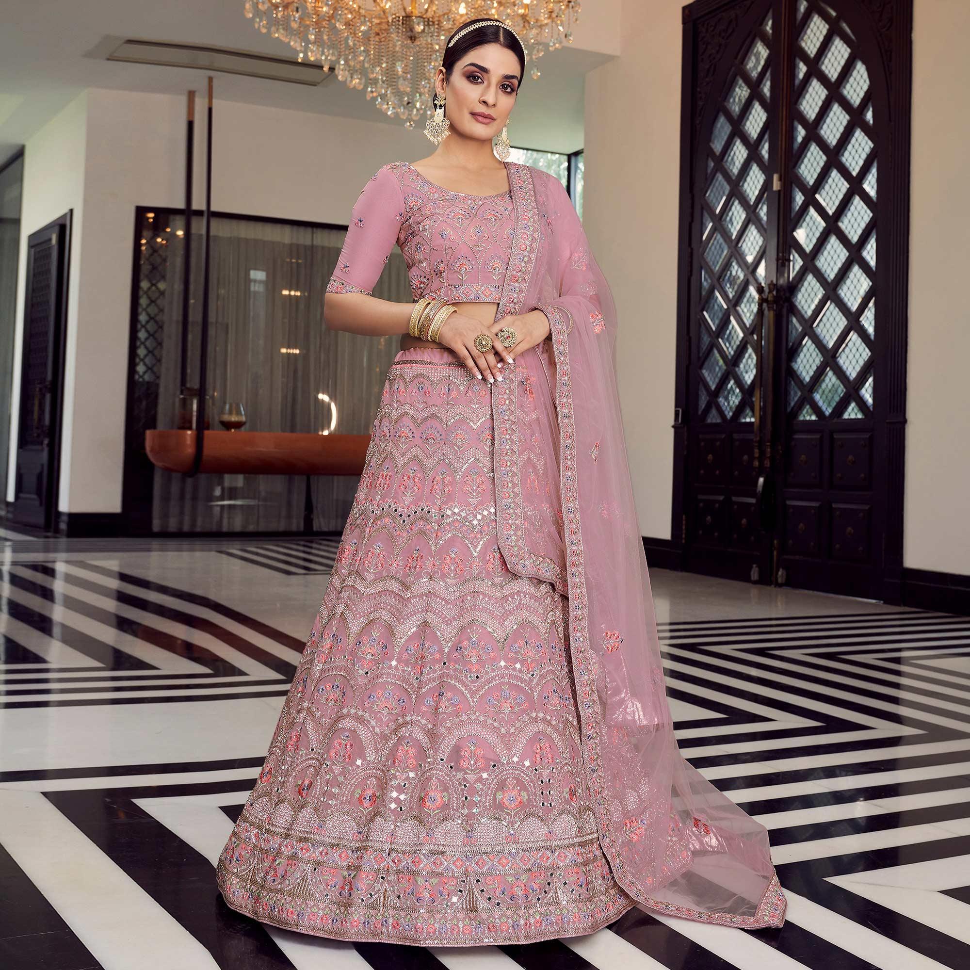 Pink Partywear Embellished Organza Lehenga Choli - Peachmode