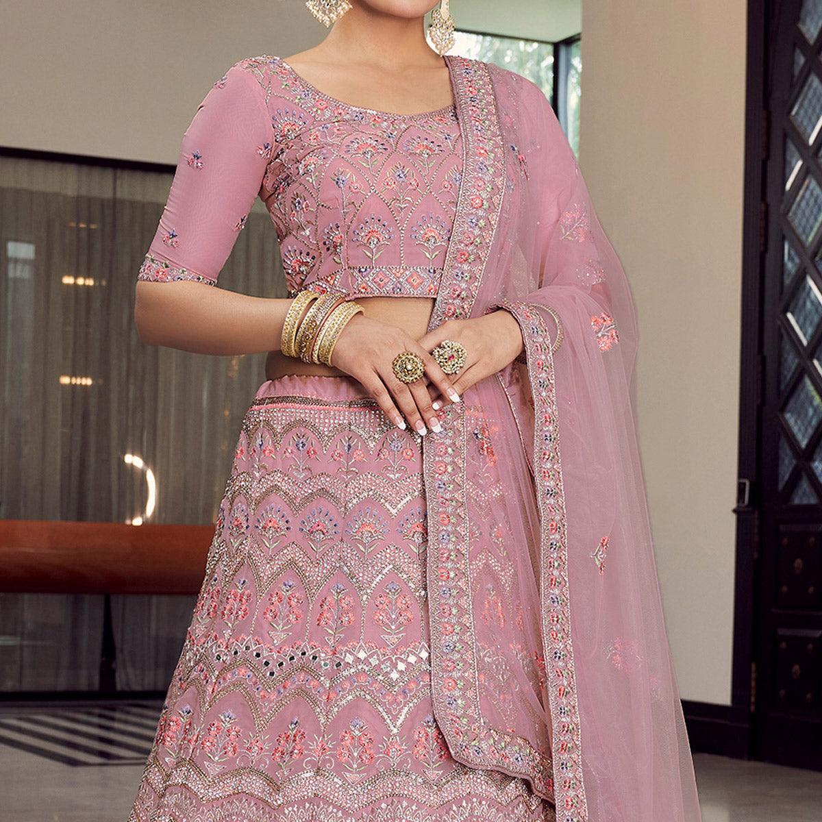 Pink Partywear Embellished Organza Lehenga Choli - Peachmode