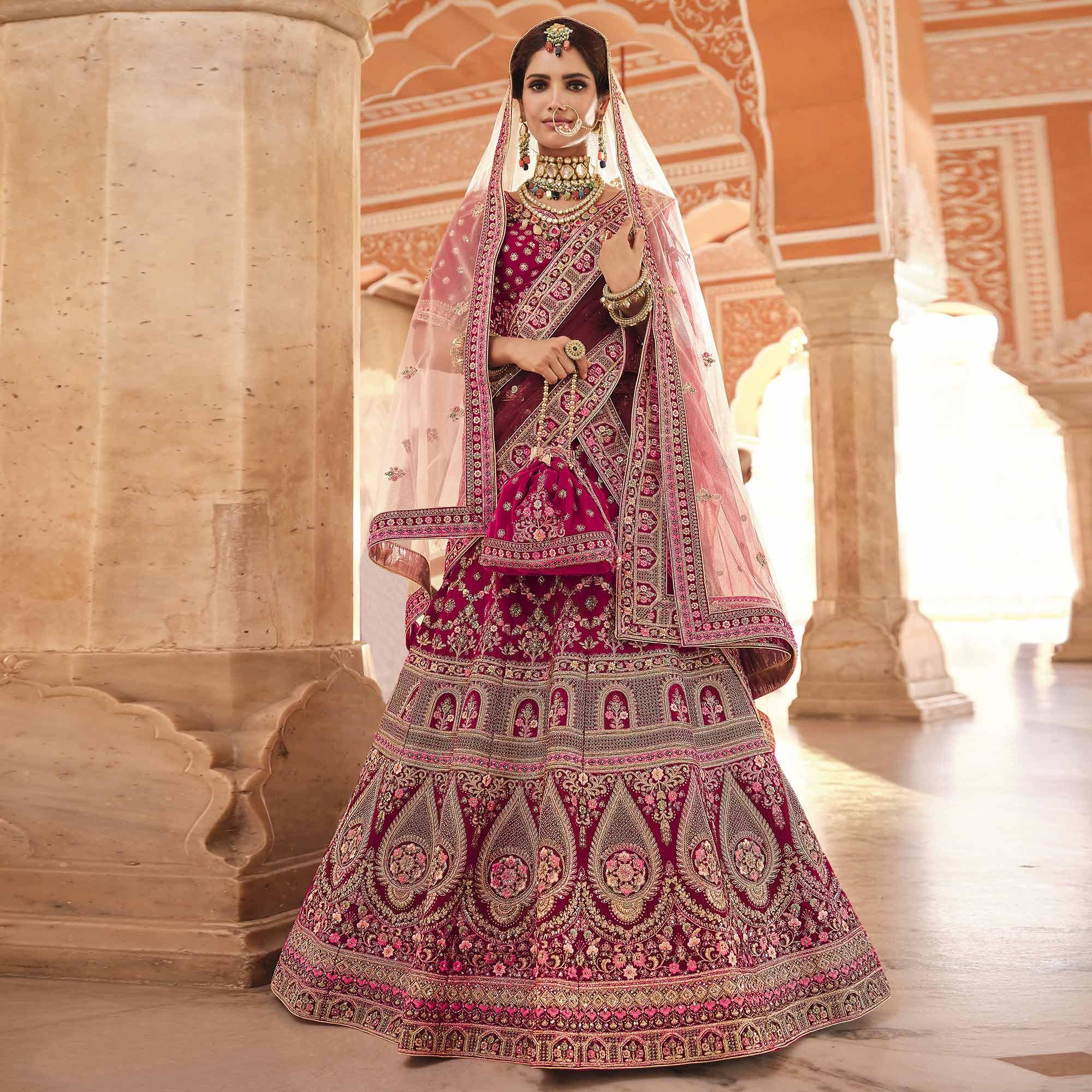 Pink Partywear Embellished Velvet Lehenga Choli - Peachmode