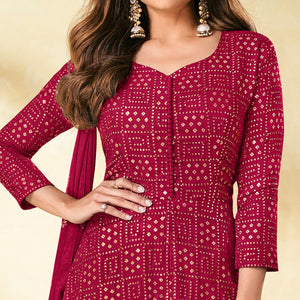 Pink Partywear Embellished With Embroidered Georgette Palazzo Suit - Peachmode
