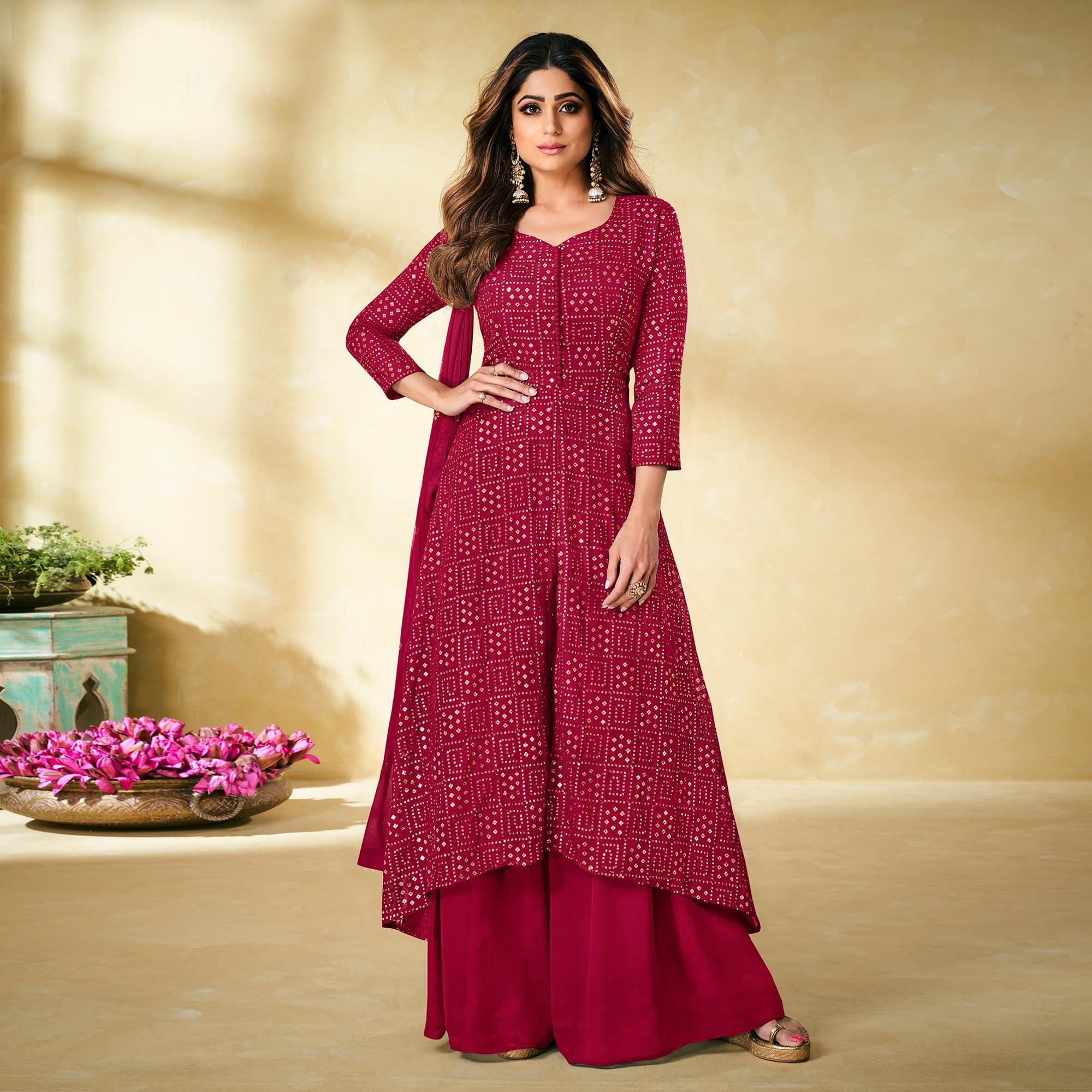 Pink Partywear Embellished With Embroidered Georgette Palazzo Suit - Peachmode