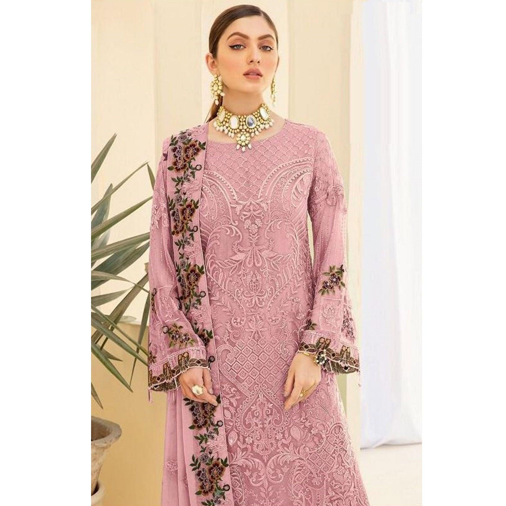 Pink Partywear Embroidered & Embellished Georgette Pakistani Suit - Peachmode