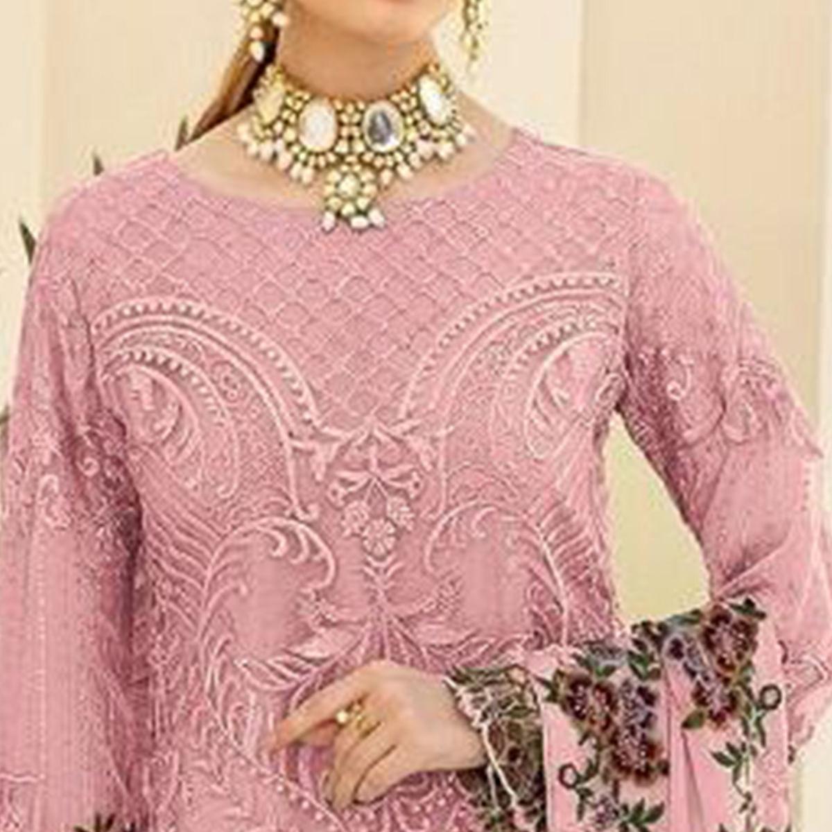 Pink Partywear Embroidered & Embellished Georgette Pakistani Suit - Peachmode