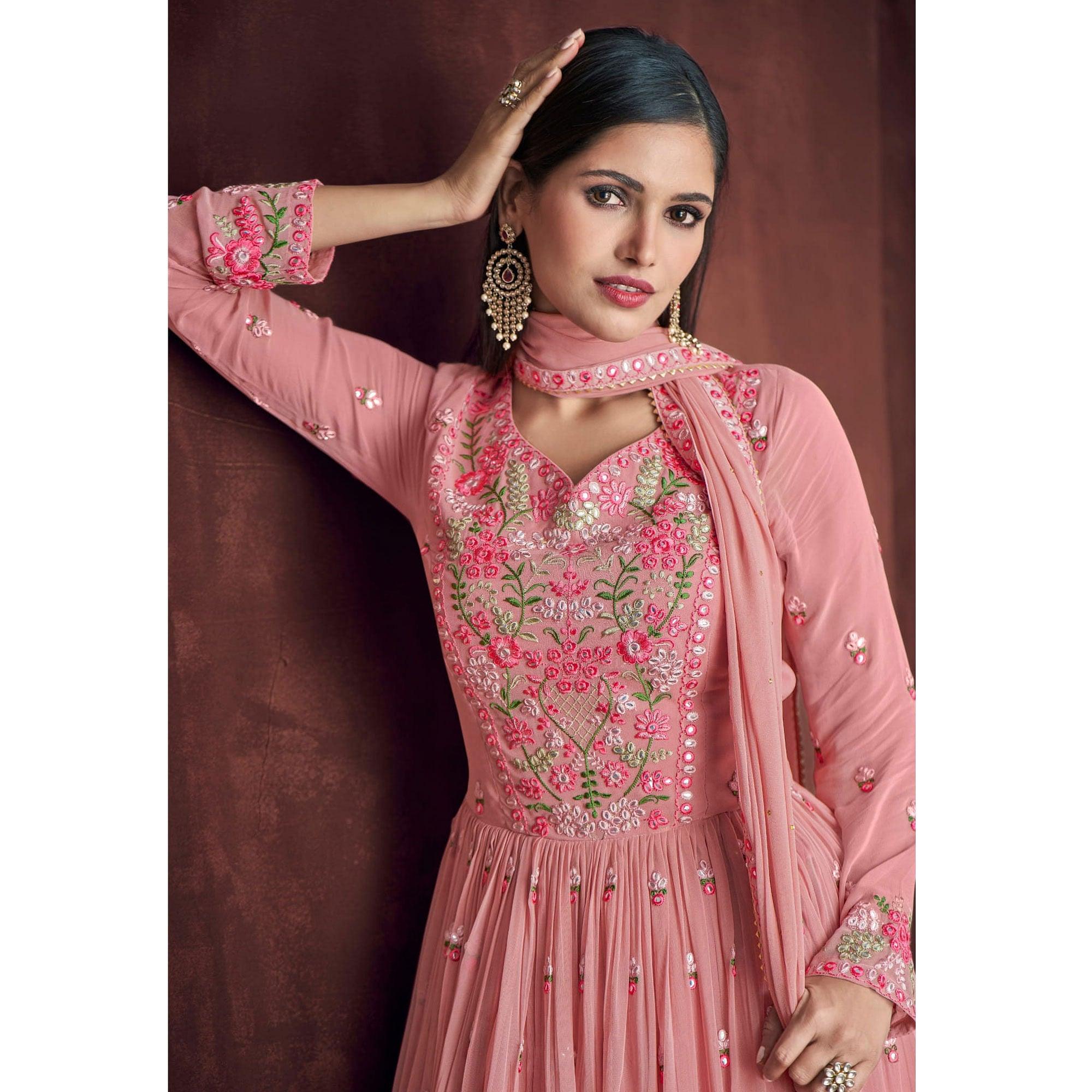 Pink Partywear Embroidered & Embellished Georgette Sharara Suit - Peachmode