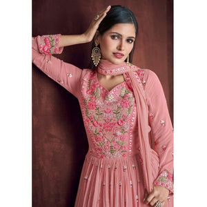 Pink Partywear Embroidered & Embellished Georgette Sharara Suit - Peachmode