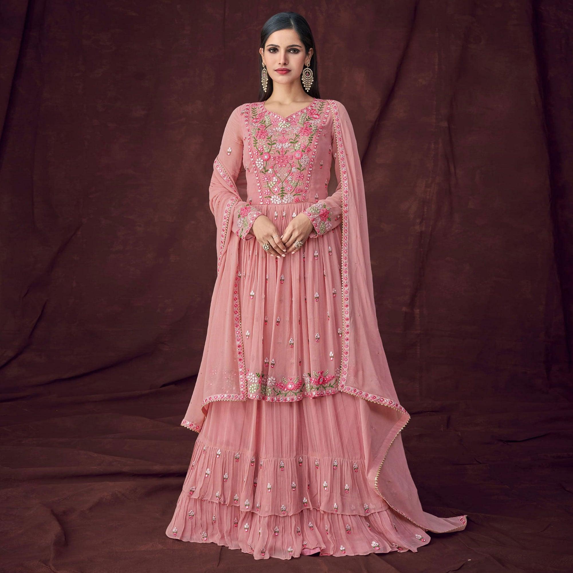 Pink Partywear Embroidered & Embellished Georgette Sharara Suit - Peachmode