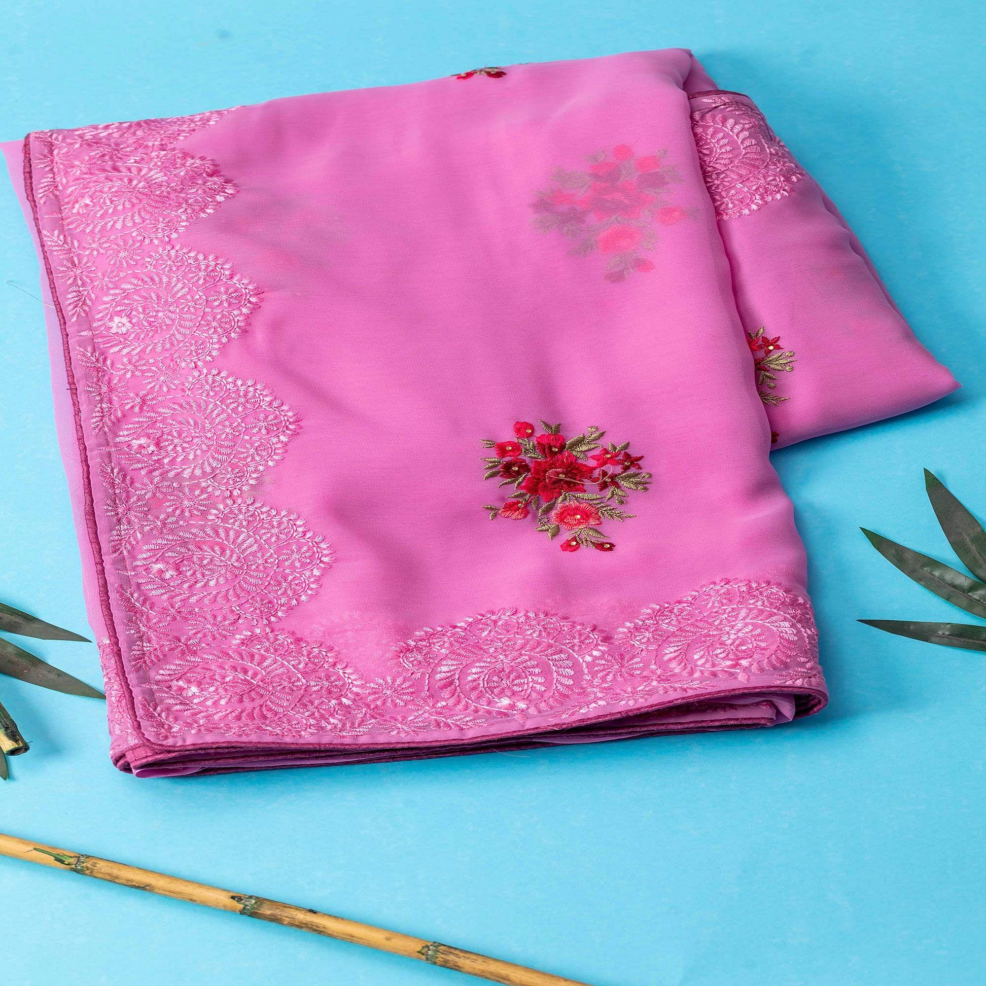 Pink Partywear Embroidered Butta  Georgette Saree - Peachmode