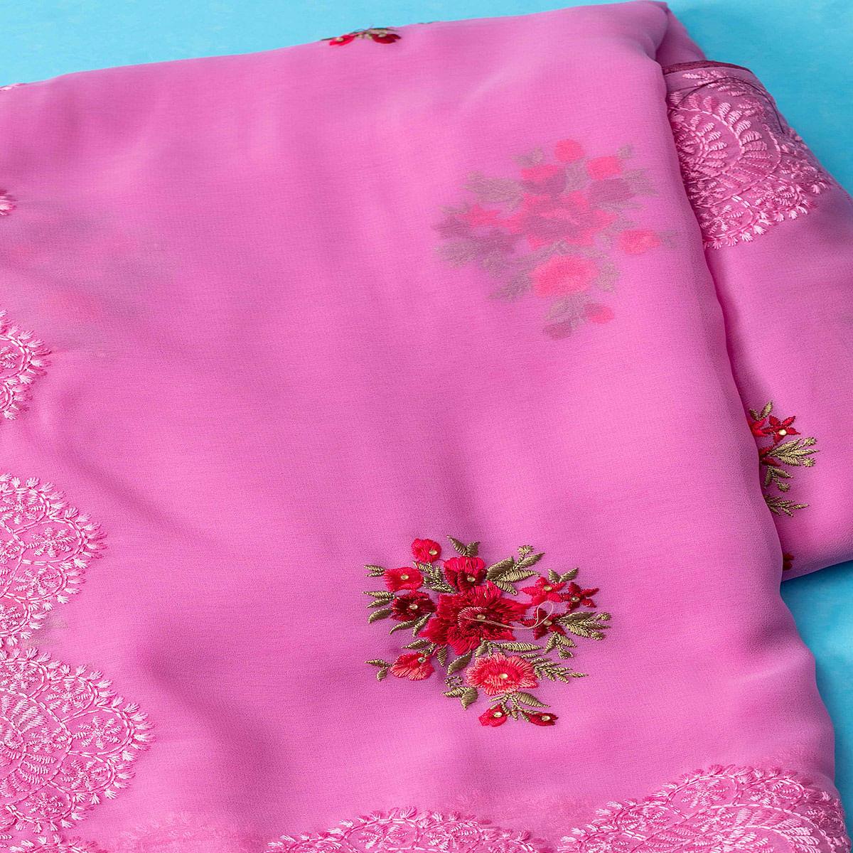 Pink Partywear Embroidered Butta  Georgette Saree - Peachmode