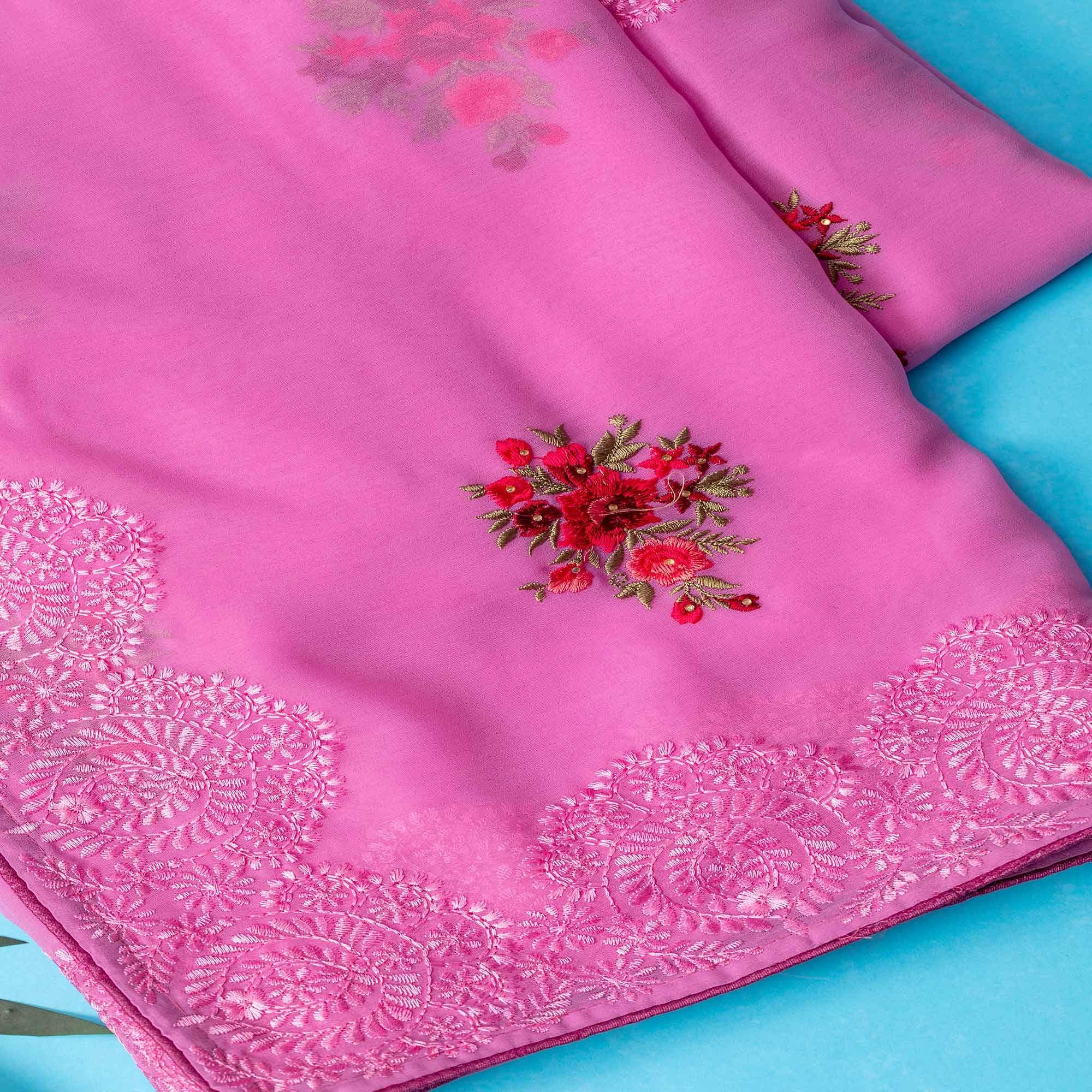Pink Partywear Embroidered Butta  Georgette Saree - Peachmode