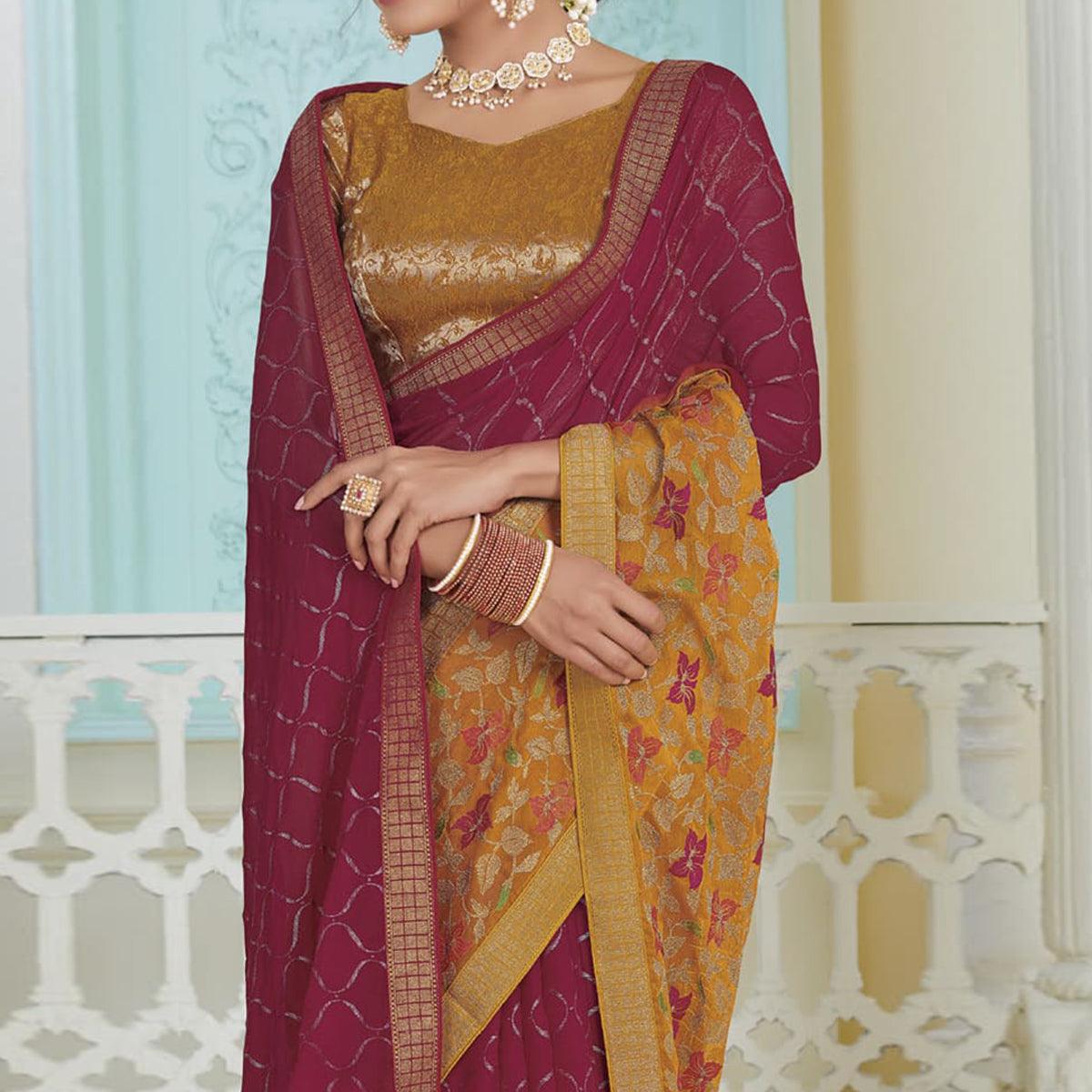 Pink Partywear Embroidered Chiffon Saree - Peachmode