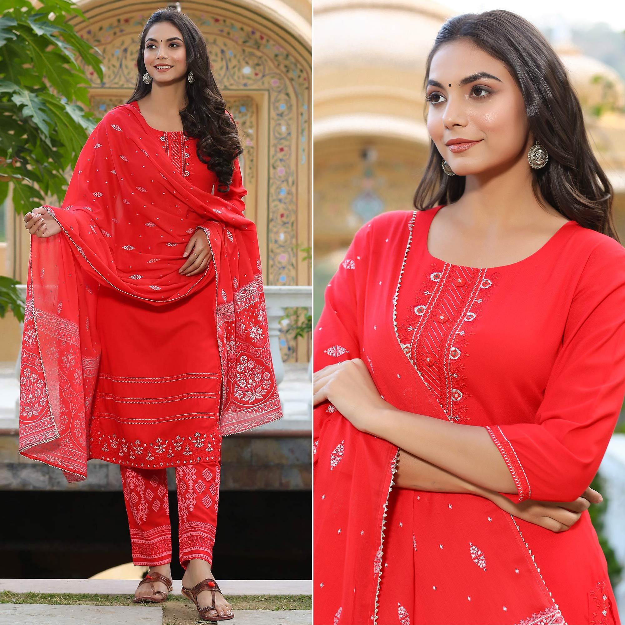 Pink Partywear Embroidered Cotton Kurti Pant Set With Dupatta - Peachmode