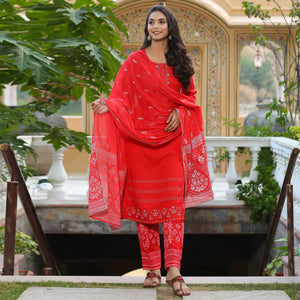 Pink Partywear Embroidered Cotton Kurti Pant Set With Dupatta - Peachmode