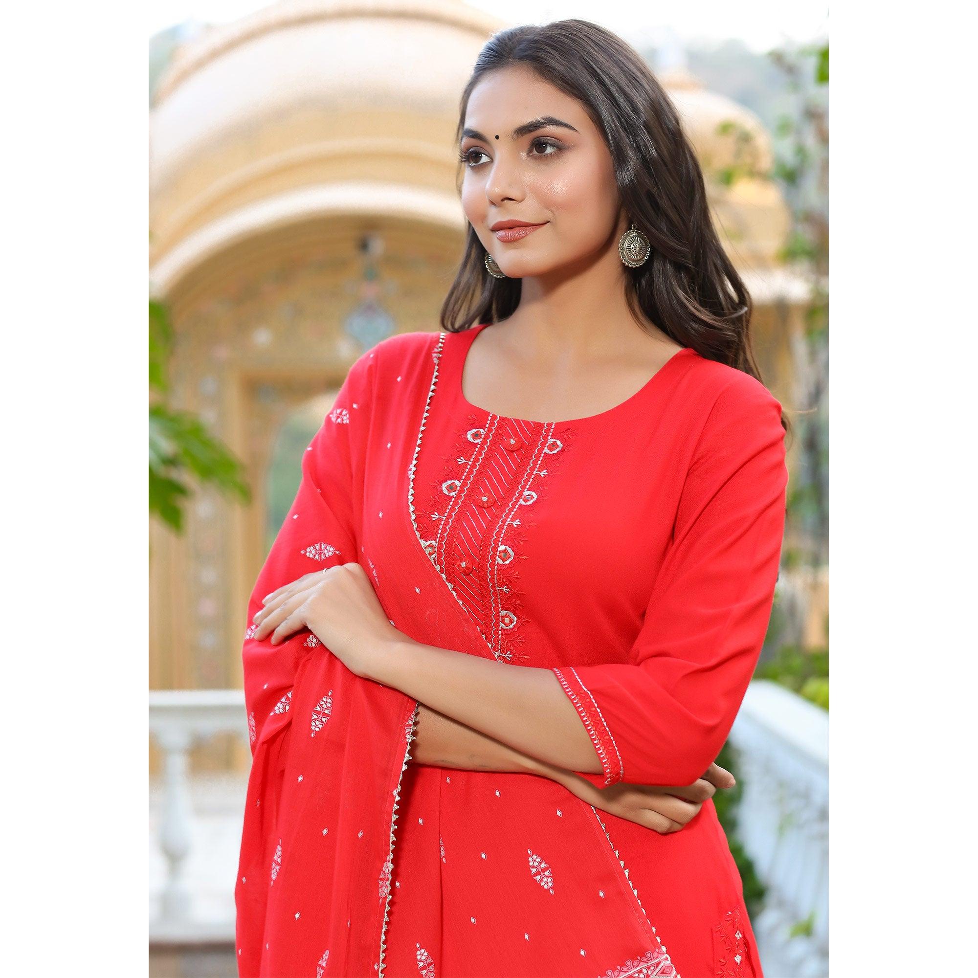 Pink Partywear Embroidered Cotton Kurti Pant Set With Dupatta - Peachmode