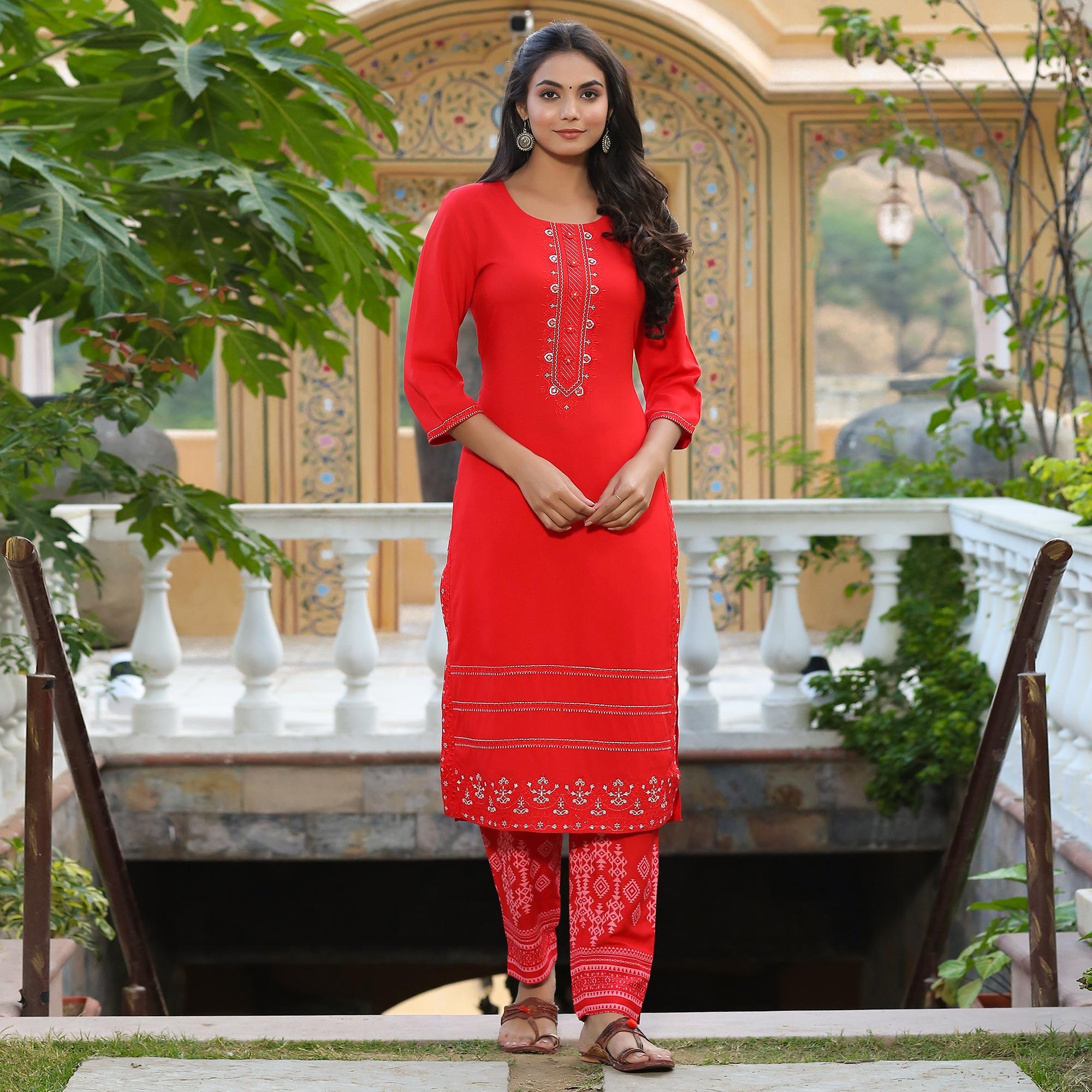 Pink Partywear Embroidered Cotton Kurti Pant Set With Dupatta - Peachmode