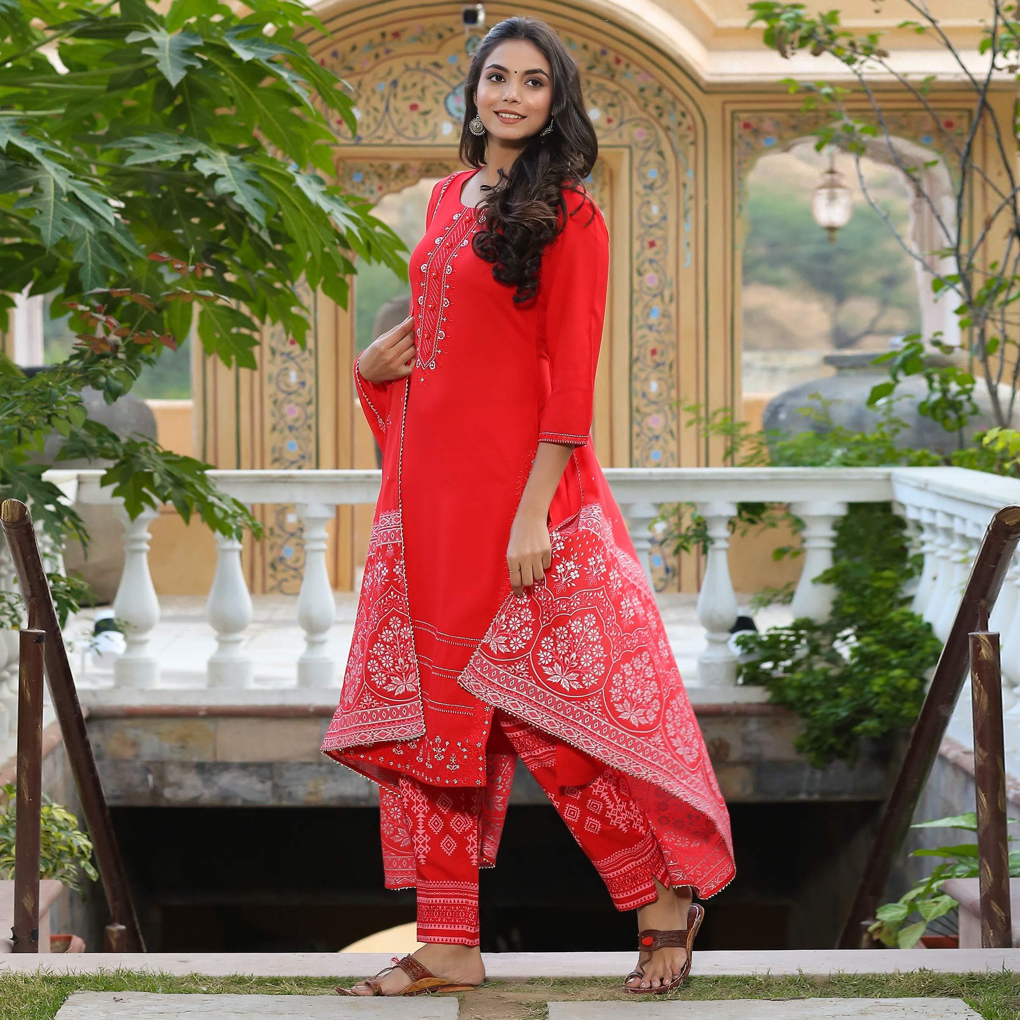 Pink Partywear Embroidered Cotton Kurti Pant Set With Dupatta - Peachmode