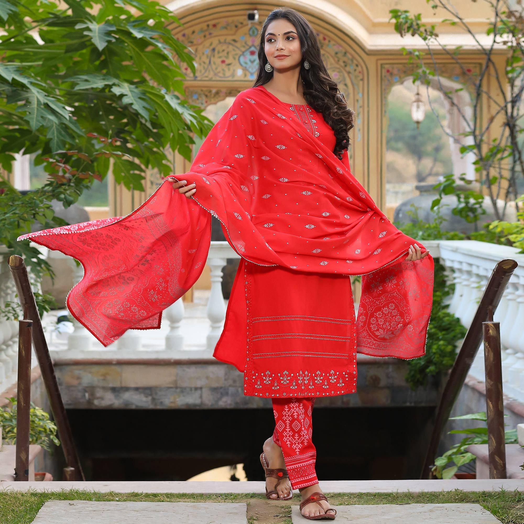Pink Partywear Embroidered Cotton Kurti Pant Set With Dupatta - Peachmode