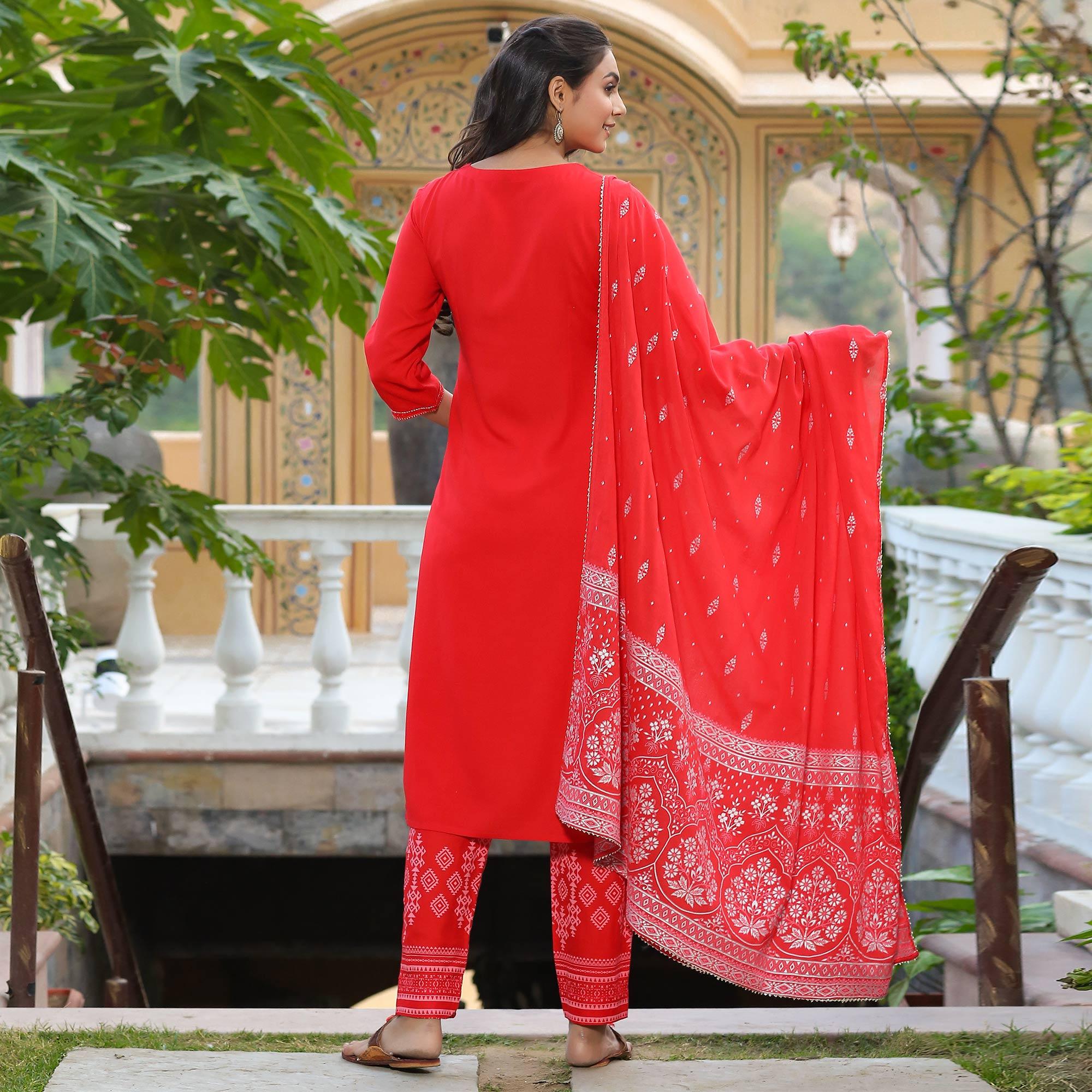 Pink Partywear Embroidered Cotton Kurti Pant Set With Dupatta - Peachmode