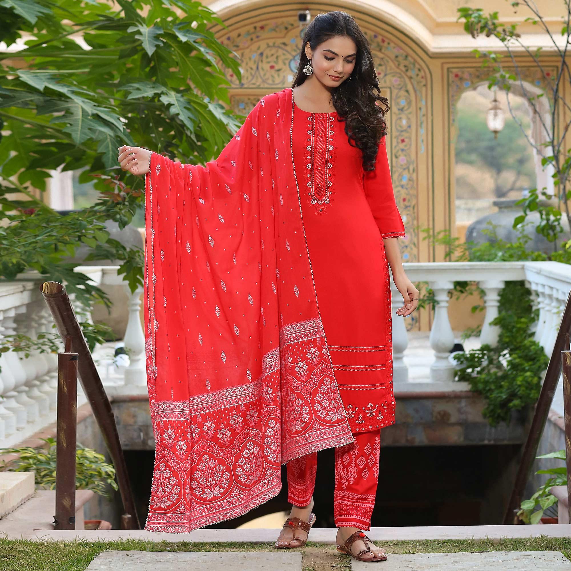Pink Partywear Embroidered Cotton Kurti Pant Set With Dupatta - Peachmode