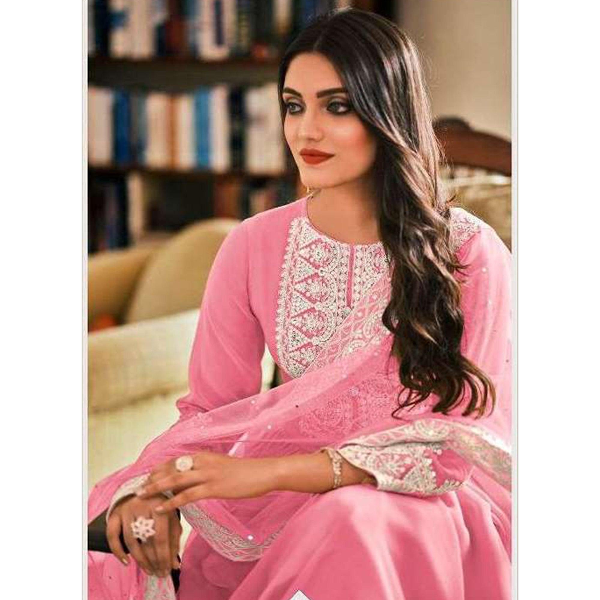 Pink Partywear Embroidered Faux Georgette Palazzo Suit - Peachmode
